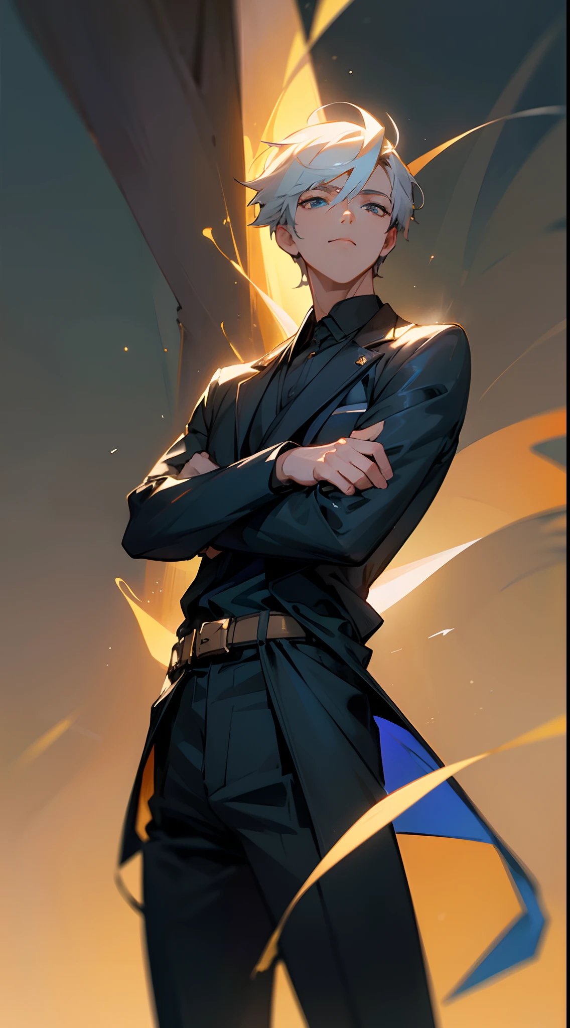 Black pantsuit, Black T-shirt with, melancholy lighting, A tranquil, peacful, luminance, tmasterpiece, best qualityer, (Ultra photo realsisim:1.3), (tmasterpiece:1.4), best qualtiy, ((realisticlying)), high high quality, ultra - detailed, ((Authentic images)), ((Realistic skin)), ((photorealiscic face)), (illustratio:1.05), (Handsome:1.05), (beatiful detailed eyes:1.05), (cinematric light:1.1), Blue in the detachment, perfect whole body,Black and blue clothes,White sneakers,(Handsome male),(perfect male figure), short detailed hair,Detailed face, Perfect face, (The stands up), Detailed background, ((Bonifasko lighting)), (Detailed eyes), perfect pupils,a dark tanned skin