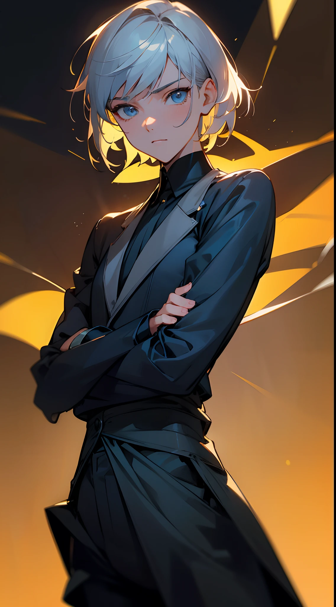 Black pantsuit, Black T-shirt with, melancholy lighting, A tranquil, peacful, luminance, tmasterpiece, best qualityer, (Ultra photo realsisim:1.3), (tmasterpiece:1.4), best qualtiy, ((realisticlying)), high high quality, ultra - detailed, ((Authentic images)), ((Realistic skin)), ((photorealiscic face)), (illustratio:1.05), (Handsome:1.05), (beatiful detailed eyes:1.05), (cinematric light:1.1), Blue in the detachment, perfect whole body,Black and blue clothes,White sneakers,(Handsome male),(perfect male figure), short detailed hair,Detailed face, Perfect face, (The stands up), Detailed background, ((Bonifasko lighting)), (Detailed eyes), perfect pupils,a dark tanned skin