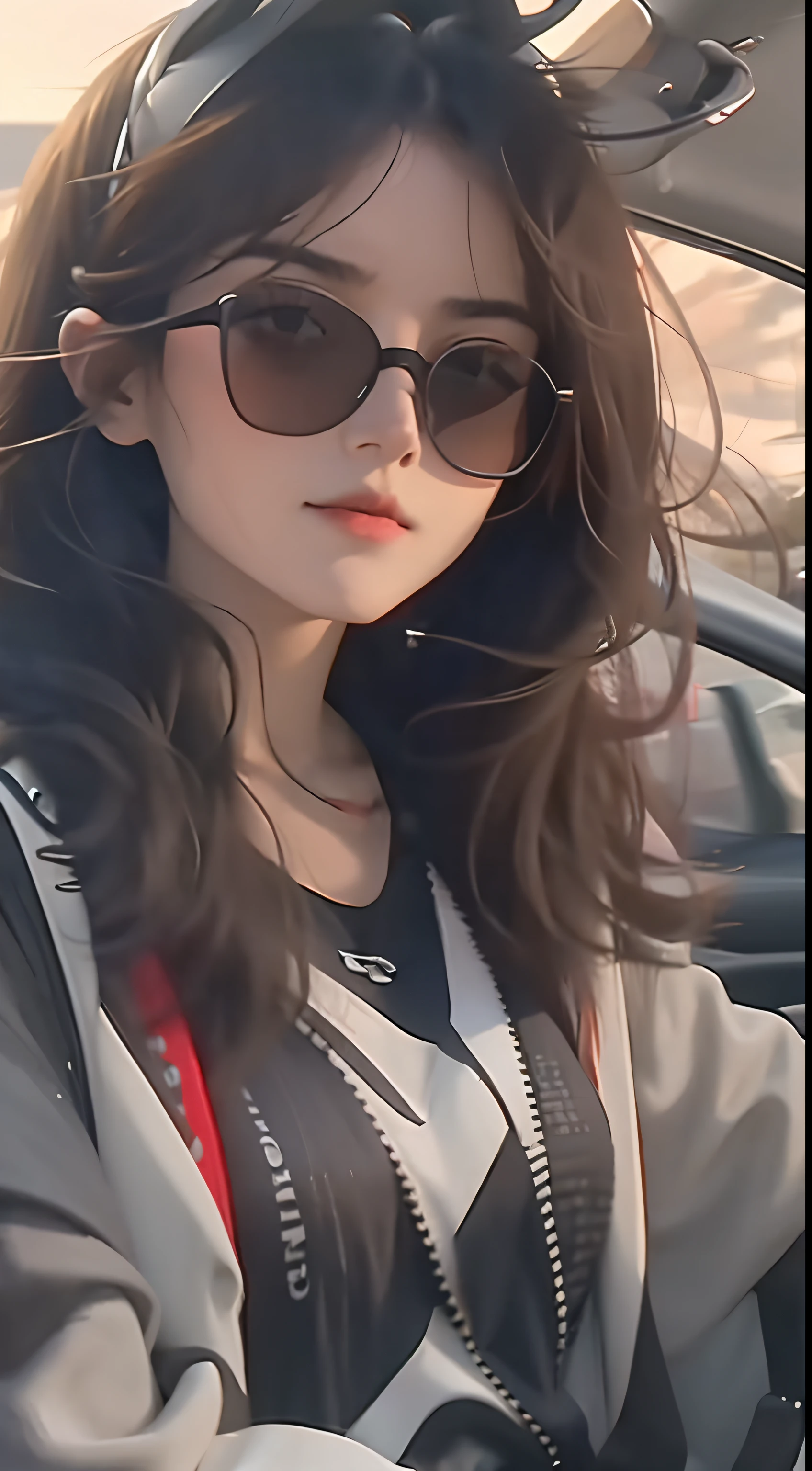 The girl is wearing sunglasses and driving a sports car, her hair is blown by the wind, her eyes are looking at the road ahead, facing the camera sideways on the vast road, wearing fashionable clothes,