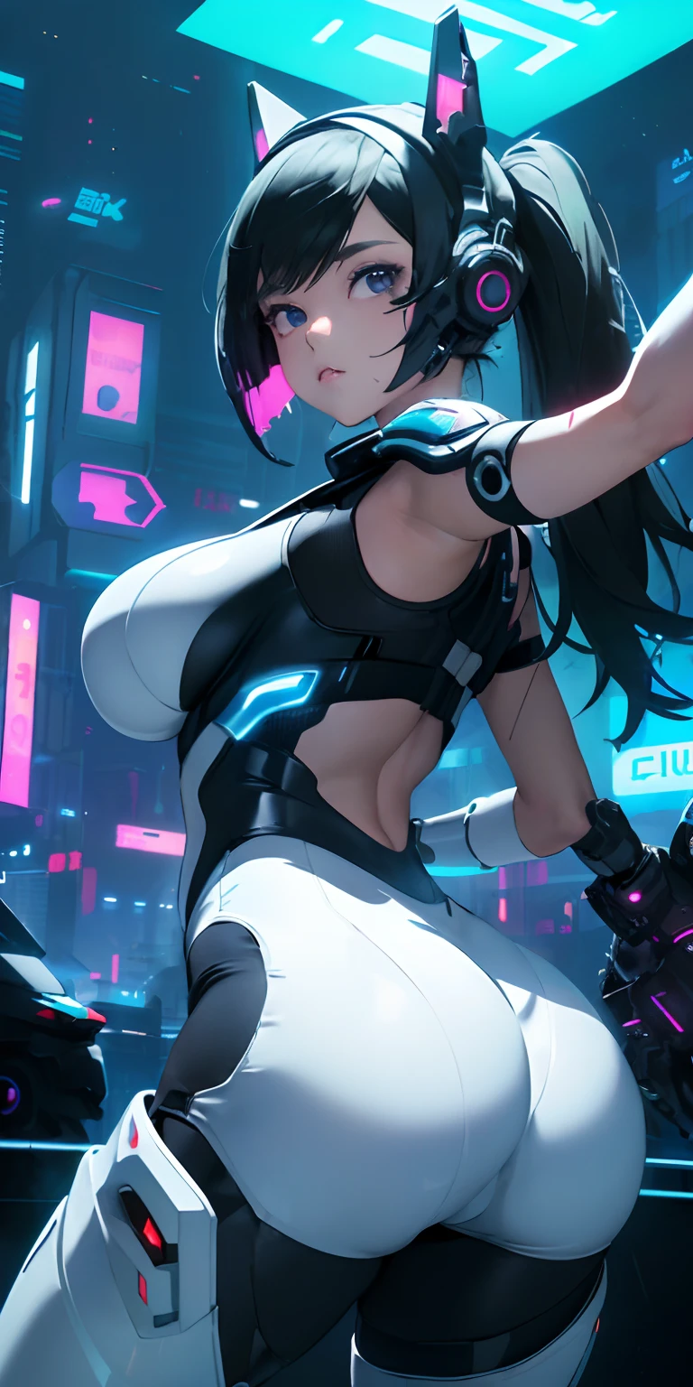 top-quality))、((​masterpiece)、Sideways view、cyberpunked、Big buttocks、Electronic visor attached to 12-year-old girl's face with emphasis on buttocks、Cyberpunk Fashion、Sexy Posing、(Wear white body spats on the lower part of the body、Breasts enlarged、Neon lights in dark city at night、(Various poses)