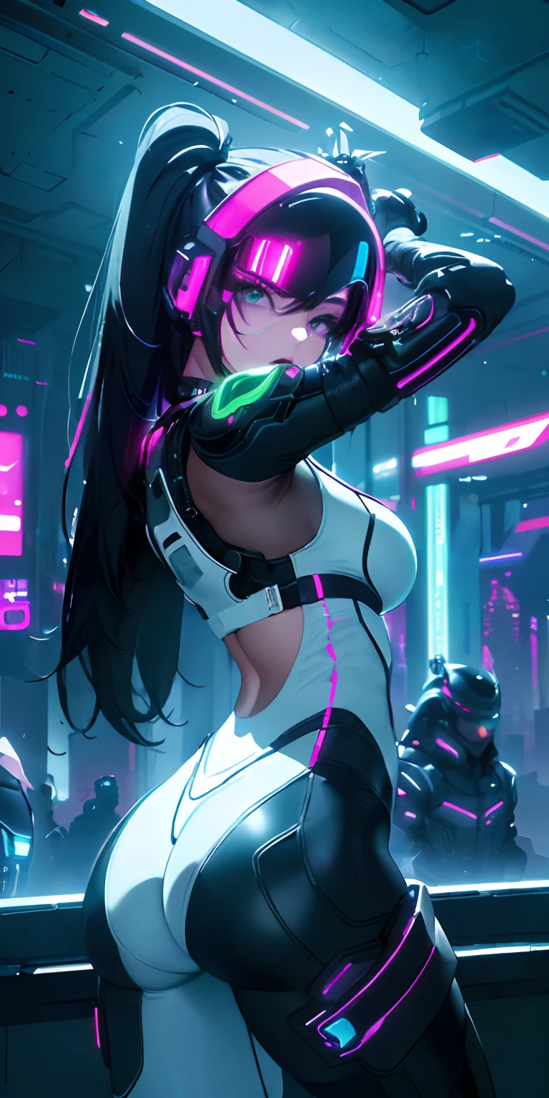 top-quality))、((​masterpiece)、Sideways view、cyberpunked、Big buttocks、Electronic visor attached to -yeld gis face with emphasis on buttocks、Cyberpunk Fashion、Sexy Posing、(Wear white body spats on the lower part of the body、Breasts enlarged、Neon lights in dark city at night、(Various poses)