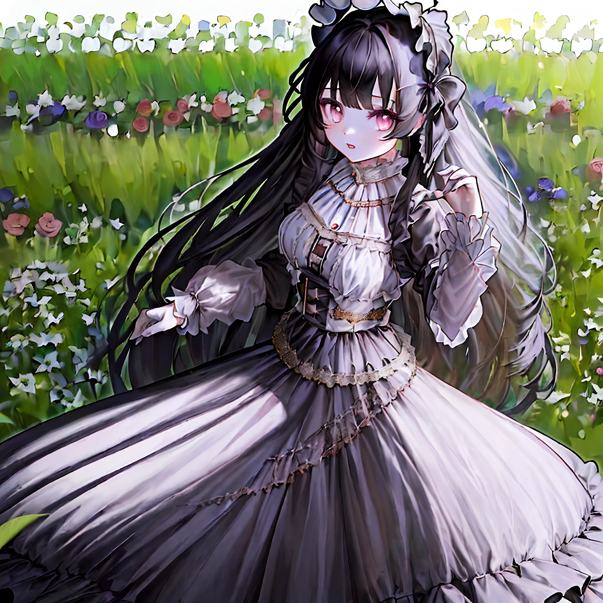 (masterpiece, top quality, best quality, official art, beautiful and aesthetic:1.2), 1girl, long black straight hair,  solo, standing in garden, looking at viewer, white lolita_dress,