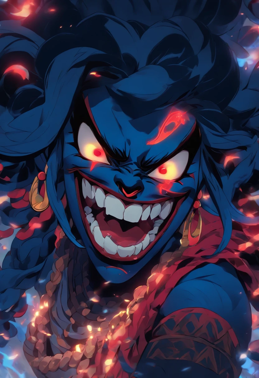 (((Kali))) best quality, ultra-high resolution, 4K detailed CG, master piece, KALI, Hindu goddess, Tongue out, tongue, big tongue, long tongue, blood, Hindu mythology, ((Licking blood)) , Hindu image, aesthetic, centered on screen