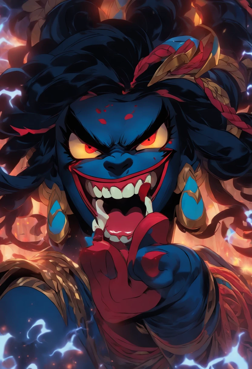 (((Kali))) best quality, ultra-high resolution, 4K detailed CG, master piece, KALI, Hindu goddess, Tongue out, tongue, big tongue, long tongue, blood, Hindu mythology, ((Licking blood)) , Hindu image, aesthetic, centered on screen