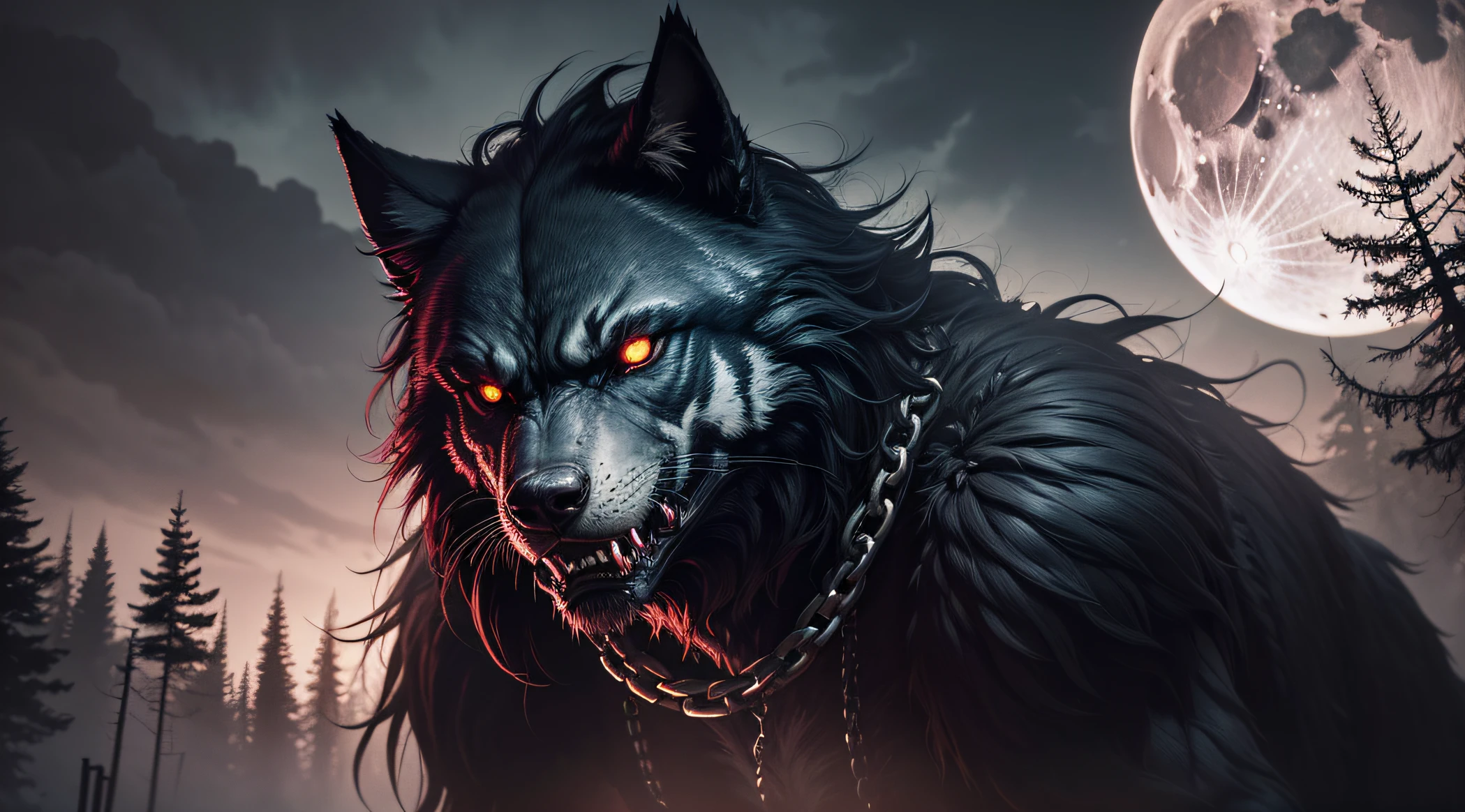 (best quality,4k,8k,highres,masterpiece:1.2),ultra-detailed,(realistic,photorealistic,photo-realistic:1.37),werewolf with chains around his neck,red eyes,full moon night,macabre climate,dark shadows,dense mist,eerie atmosphere,ominous glow,haunting howls,sharp fangs,sinister silhouette,wild hair,ragged clothes,dilated pupils,intense gaze,menacing presence,ominous sky,mysterious shadows,moonlit forest,distant howling,ominous silence,bloody moon,mystic aura,enchanted forest,dreadful transformation,intense full moon light,chilling breeze,ominous chains,ominous shackles,ominous aura,sinister werewolf,menacing moonlight,ominous moon,horrific creature,ferocious beast,fearsome visage,savage nature,supernatural entity,nightmarish figure,monstrous appearance,petrifying atmosphere,demonic energy