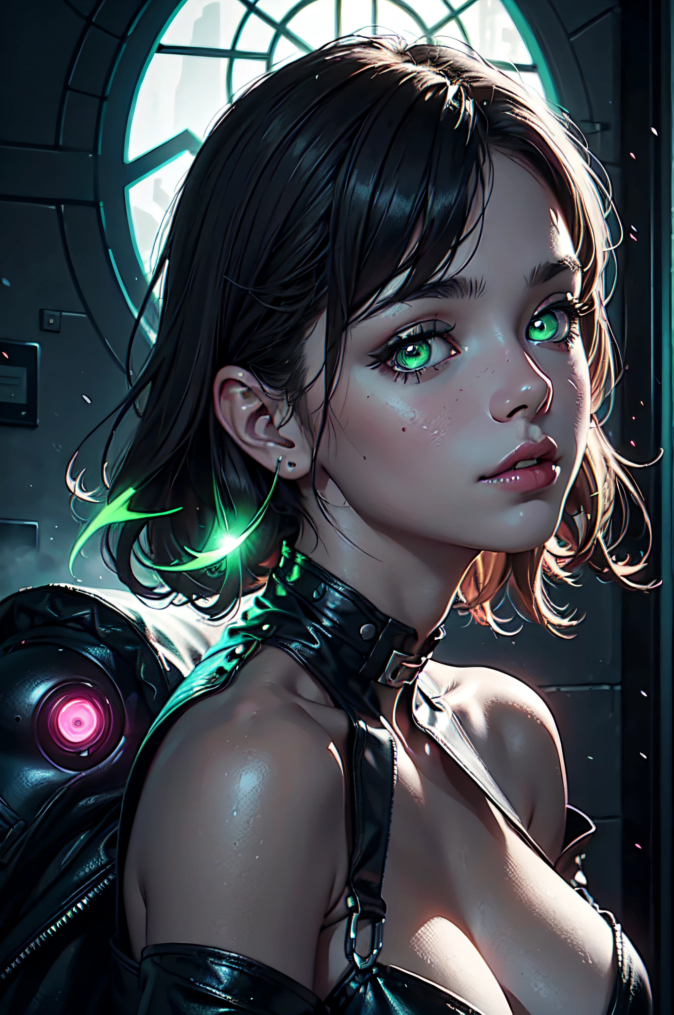 ((Close-up portrait of a girl with green eyes)), with glowing purple eye light, Violet luminous rays, dark fantasy portrait, Portrait in profile, (Cheeky face). Dark Fantasy, realistic 4k digital art, realistic 4k digital art, dark fantasy portrait, Dark Fantasy Digital Art, (Dark), But detailed digital art, sexy girl with green eyes, ((Gloomy color scheme:1,5)), 4k detailed digital art, Green glowing eyes, (NSFW), Very dark room, little light, low visibility.