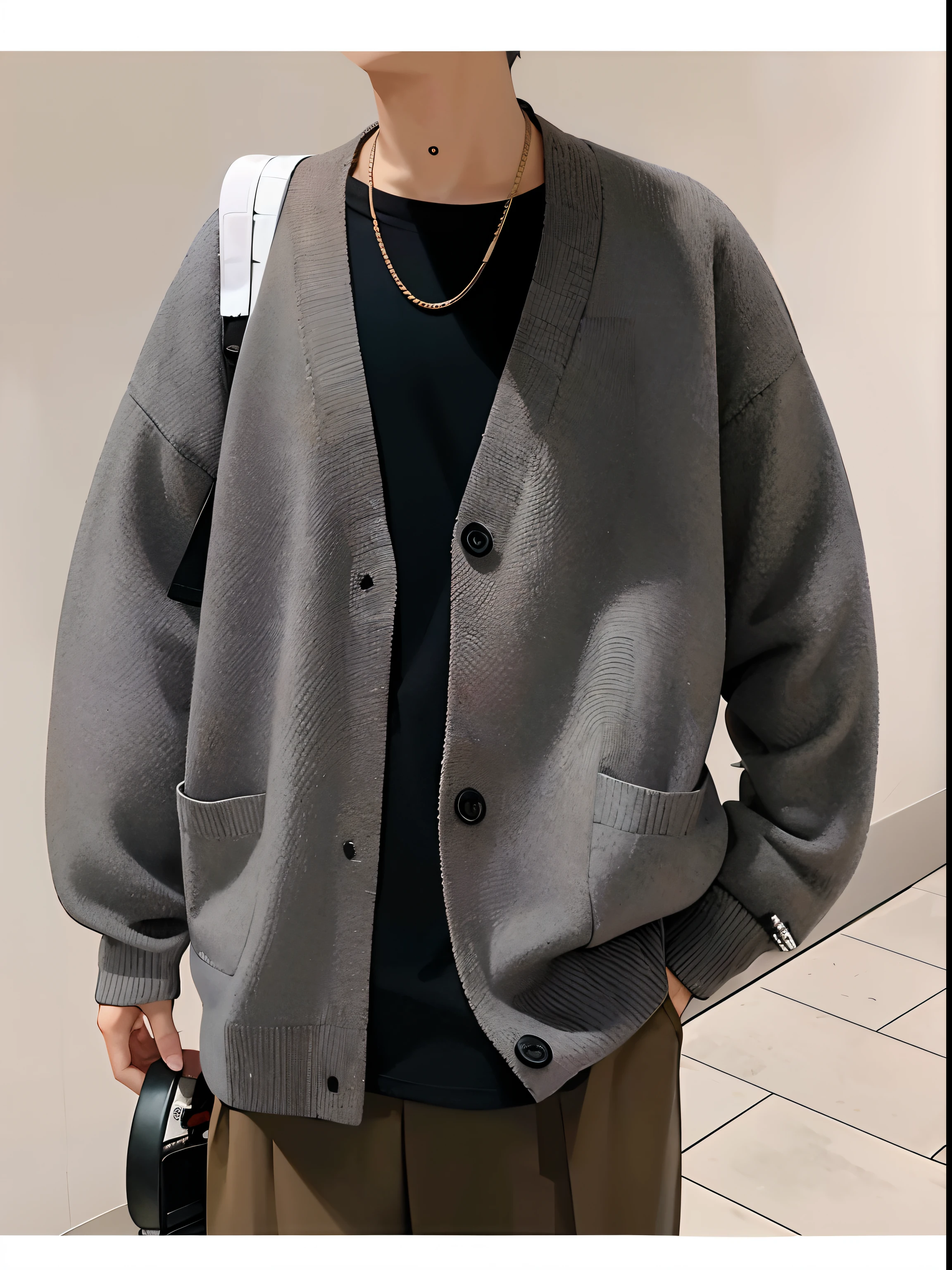 Arafeld man in gray cardigan and black shirt, Cardigan, wearing a cardigan, Oversized, Gray color, with two front pockets, sakimichan, wearing a fisher 🧥, solid grey, wearing in cardigan, Young man, 2 0 2 0 fashion, high detal), gray men, Kim Do-young, personal profile picture, Casual clothes, inspo