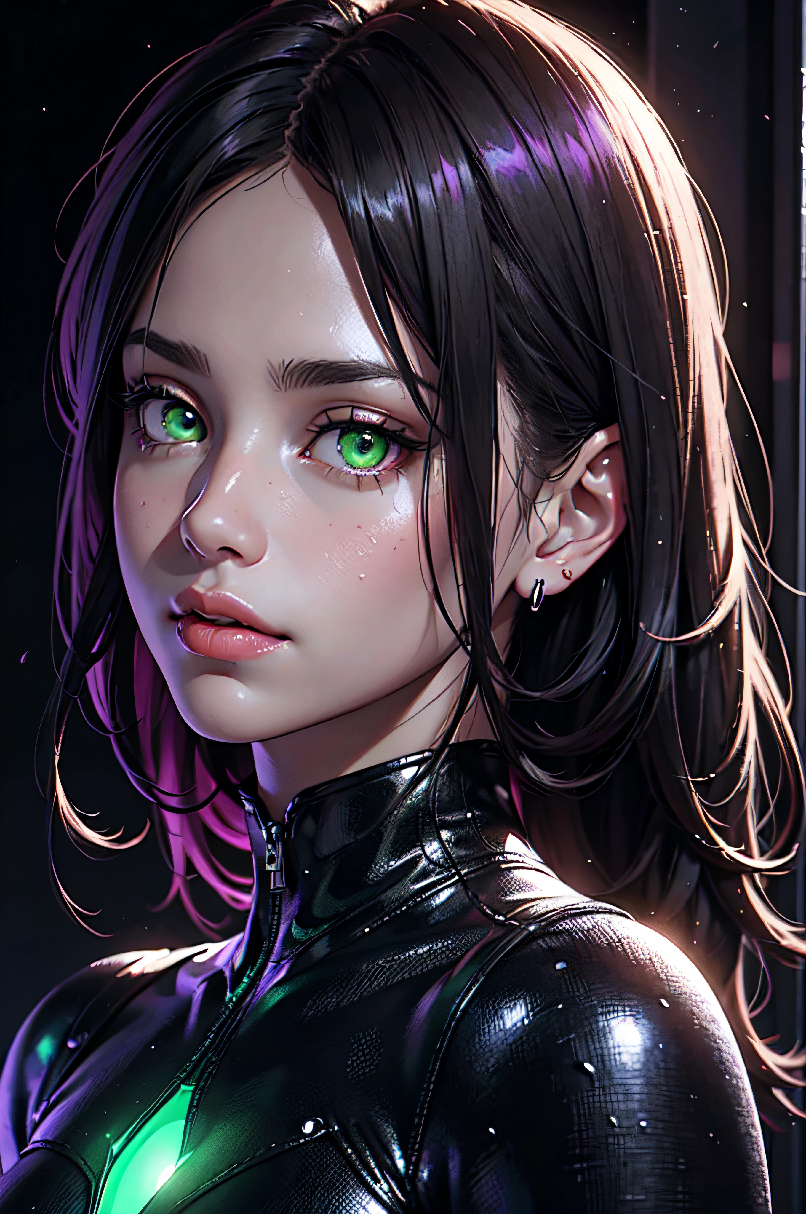 ((Close-up portrait of a girl with green eyes)), with glowing purple eye light, Violet luminous rays, dark fantasy portrait, Portrait in profile, (Cheeky face). Dark Fantasy, realistic 4k digital art, realistic 4k digital art, dark fantasy portrait, Dark Fantasy Digital Art, (Dark), But detailed digital art, sexy girl with green eyes, ((Gloomy color scheme:1,5)), 4k detailed digital art, Green glowing eyes, (NSFW), Very dark room, little light, low visibility.