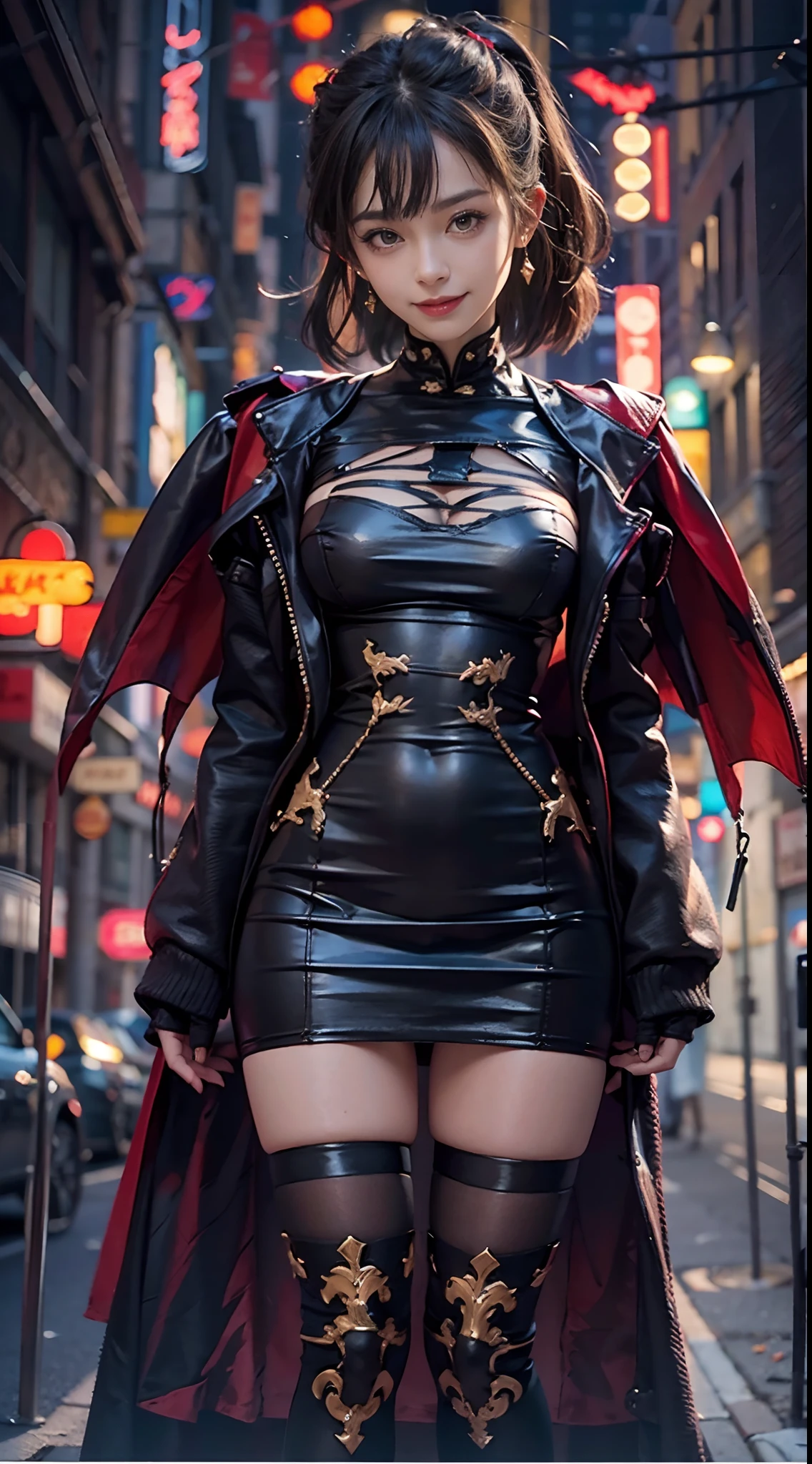 facing back, Halloween, natta, Dracula Costume, Cityscape with neon signs, Smiling smile, (NSFW), 1womanl, 独奏, 24 year old, 7headed body, (Ideal ratio body proportions), (Composition from head to thigh), erectile nipple, Sexy body, Wet, short-hair, Dark hair, small tits, A slender, Small buttocks, beauty legs, Skinny Legs, surrealism, Cinematic lighting, depth of fields, One-person viewpoint, F/1.8, 135 mm, nffsw, masutepiece, ccurate, ((Anatomically correct)), Textured skin, Super Detail, high details, High quality, awardwinning, Best Quality, hight resolution, 8K