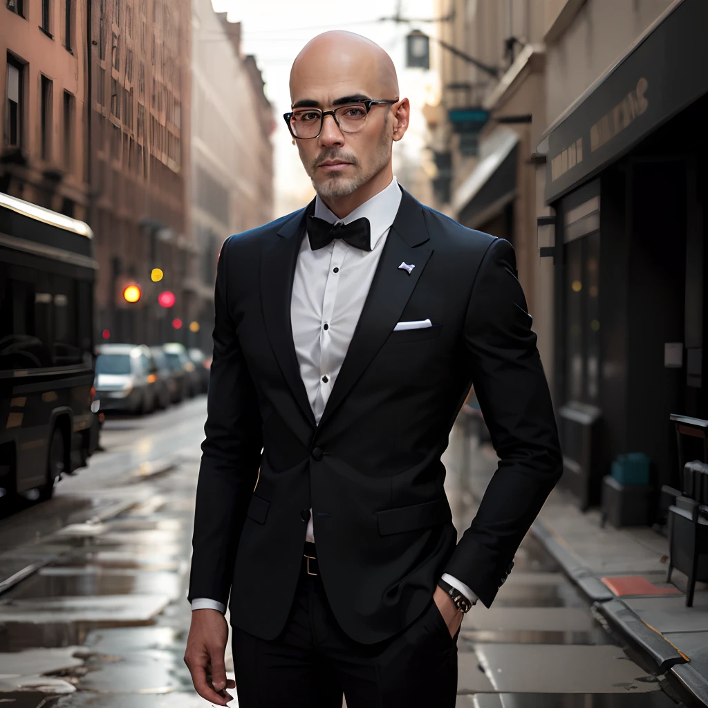 man,Tall slim sexy bald man in elegant black suit and glasses