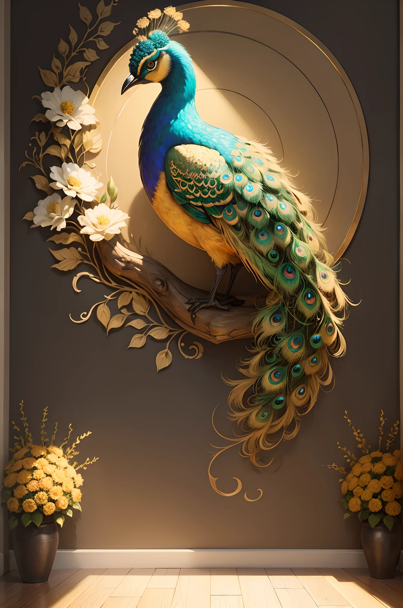 "(best quality,high-res,masterpiece:1.2),detailed interior wall mural painting,golden decor,peacock sitting on a bouquet of flowers,peacock in the painting,vivid colors,realistic,artistic style,luxurious atmosphere,detailed feathers,ornate design,elegant pattern,beautifully crafted,dazzling colors,lush flower arrangement,eye-catching centerpiece,harmonious composition,ethereal lighting,serene ambiance"