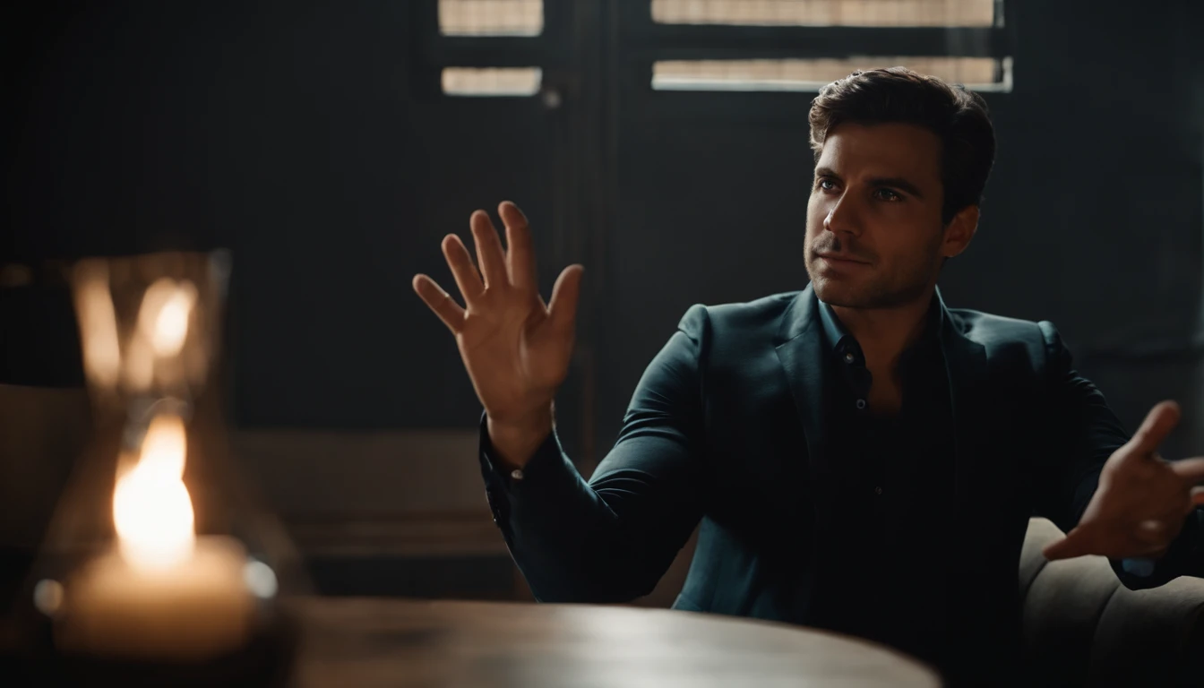 crie uma imagem de um Homem de terno sentado em uma poltrona,Your hands are making a gesture of power , realista
