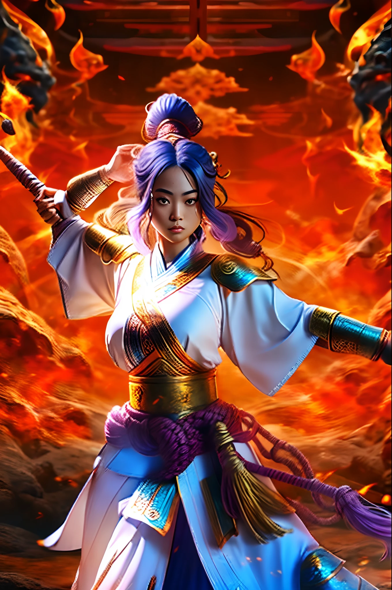 (Best Quality), Detailed background, Oriental Noblesse,warriorgirl,martial art,Holding Halberd,sila, Monster Army