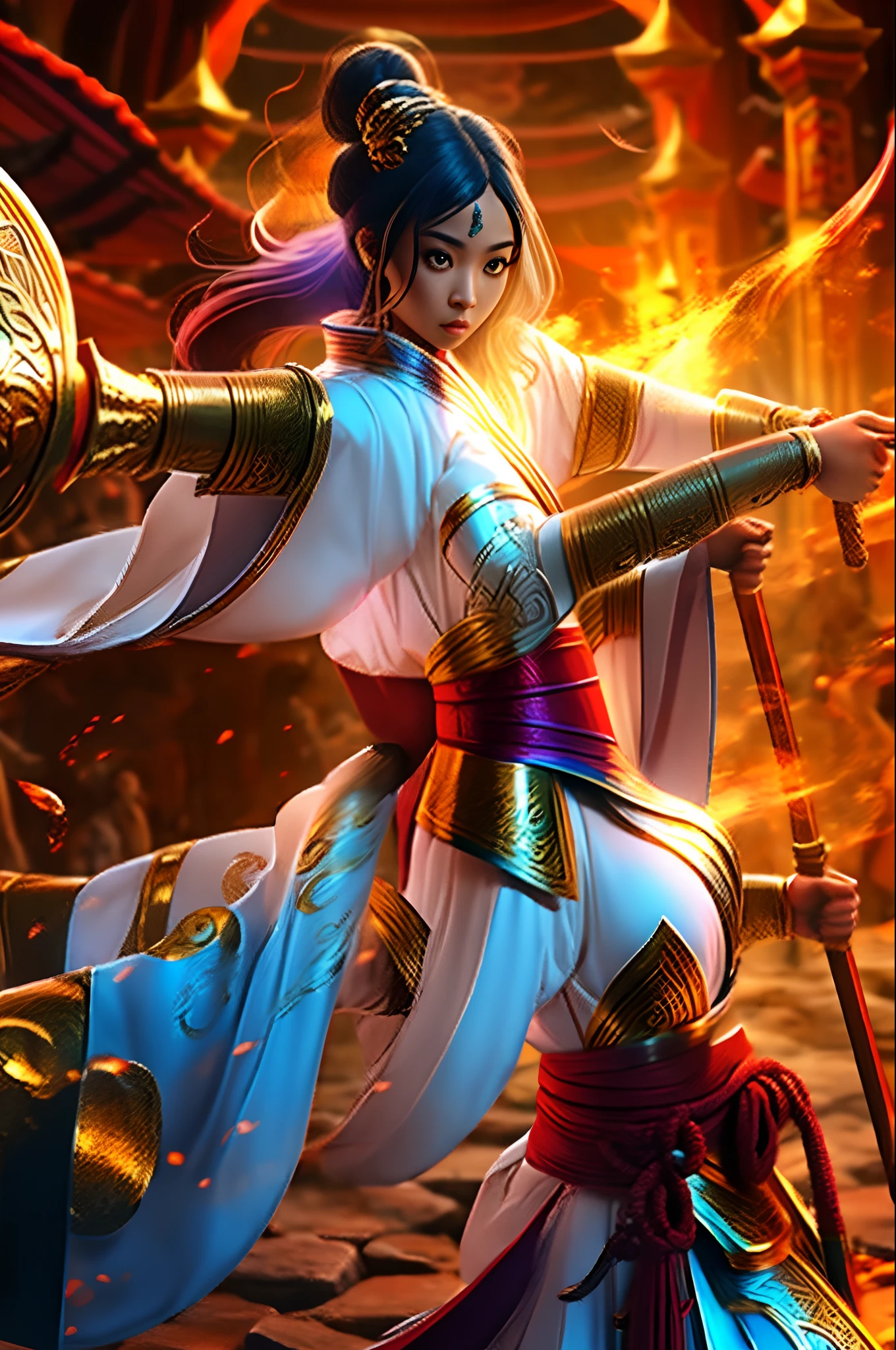 (Best Quality),  Detailed background, Oriental Noblesse,warriorgirl,martial art,Holding Halberd,sila, Monster Army