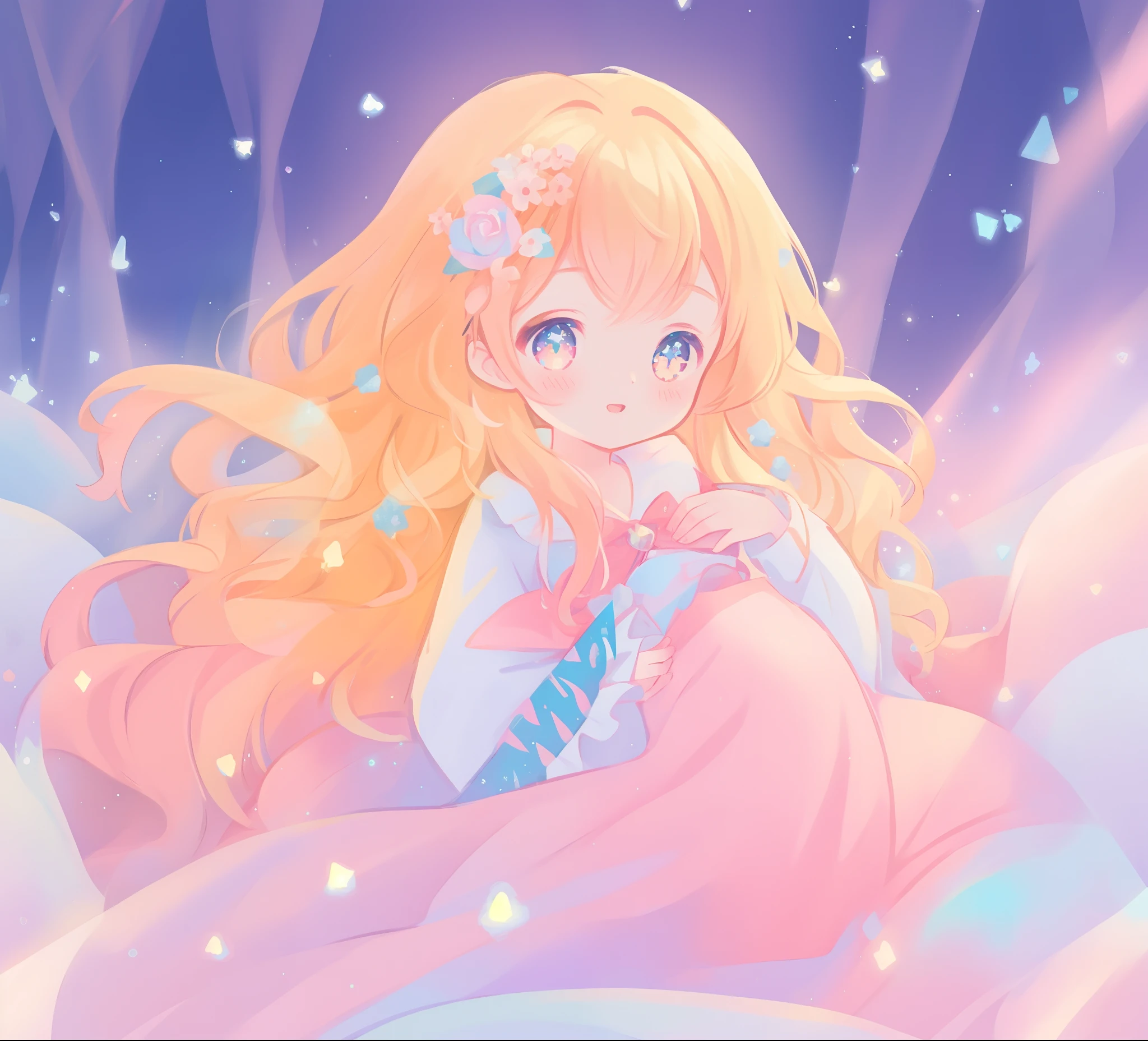 beautiful anime girl in white princess ballgown, vibrant pastel colors, (colorful), magical lights, red and gold long wavy curly hair, sparkling lines of light, inspired by Glen Keane, inspired by Lois van Baarle, disney art style, by Lois van Baarle, glowing aura around her, by Glen Keane, jen bartel, glowing lights! digital painting, flowing glowing hair, glowing flowing hair, beautiful digital illustration, fantasia background, whimsical, magical, fantasy, beautiful face, ((masterpiece, best quality)), intricate details, highly detailed, sharp focus, 8k resolution, sparkling detailed eyes, liquid watercolor