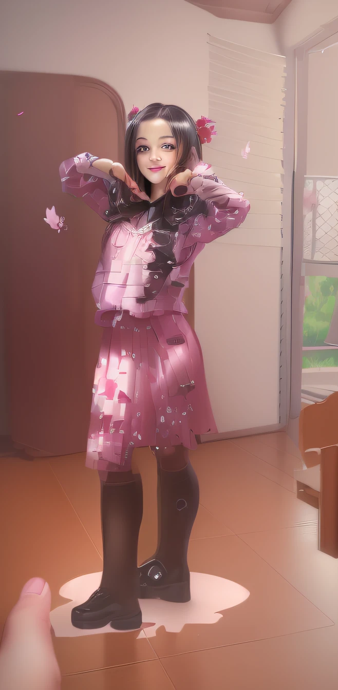 (highres,ultra-detailed,realistic:1.37),smiling girl with anime style,beautiful detailed eyes,stunning detailed lips,dark hair,longeyelashes,cute school uniform,playful expression,sparkling eyes,vibrant colors,shiny glossy finish,dynamic pose,sakura cherry blossom background,soft natural lighting