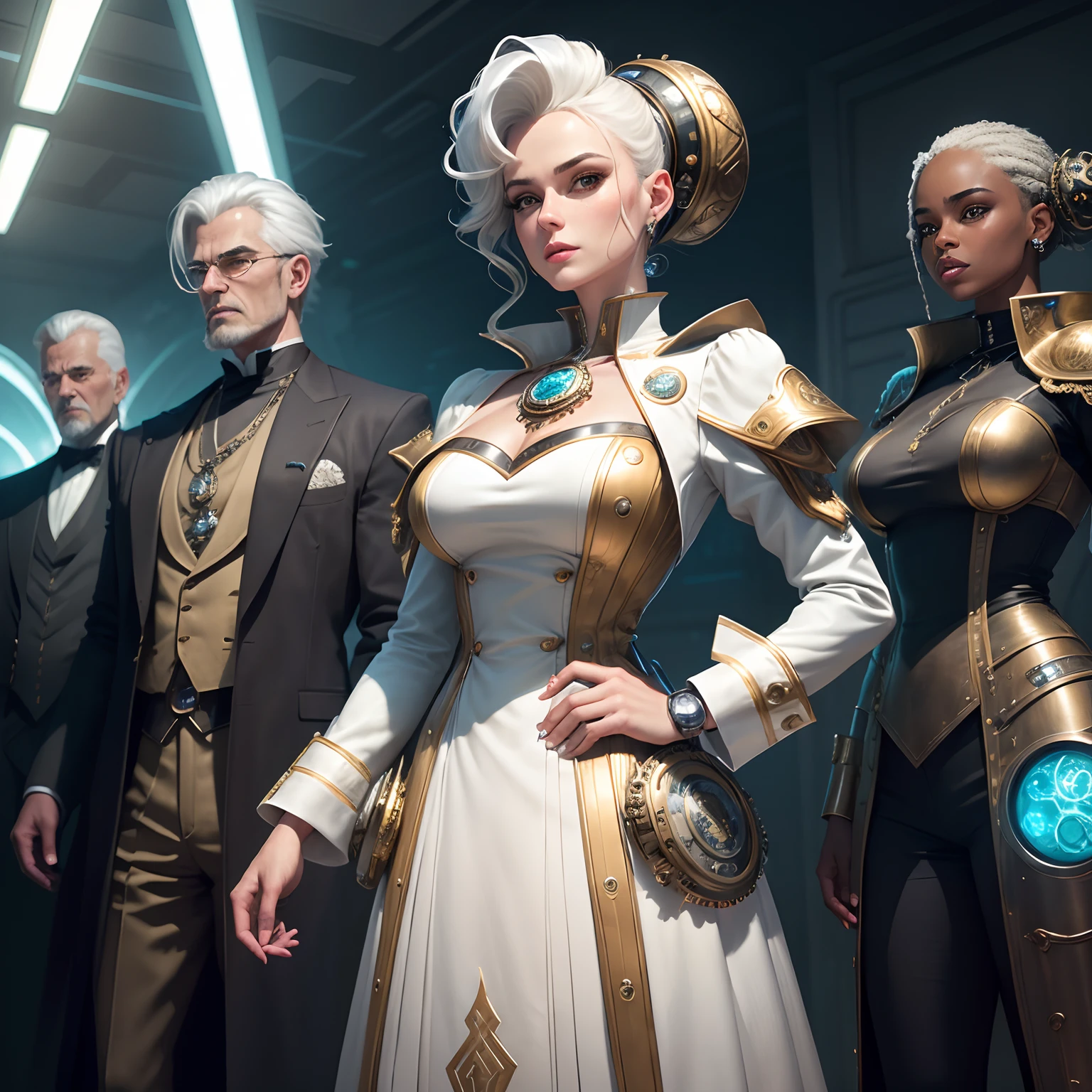 (um nobre vestido de branco e dourado com estilo clockpunk e atompunk), Intricate details of the watch, gadgets steampunk, Elaborate pocket watch, Atomic symbols, Elementos futuristas, babados ornamentados e rendas, Powdered white hair, Regal Pose, refined facial features, Capa de veludo luxuoso, old machines, engrenagens e engrenagens, Vintage sci-fi aesthetics, metallic colors, ambient lighting.