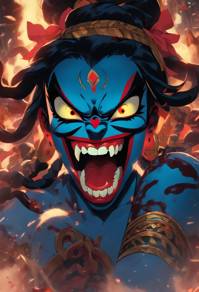 (((Kali))) best quality, ultra-high resolution, 4K detailed CG, master piece, KALI, Hindu goddess, Tongue out, tongue, big tongue, long tongue, blood, Hindu mythology, ((Licking blood)) , Hindu image, aesthetic, centered on screen