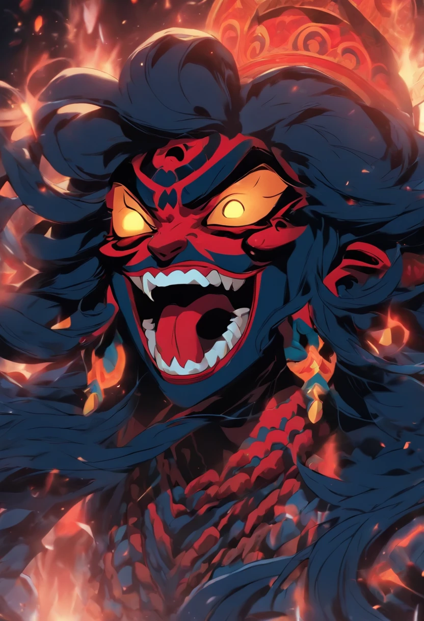 (((Kali))) best quality, ultra-high resolution, 4K detailed CG, master piece, KALI, Hindu goddess, Tongue out, tongue, big tongue, long tongue, blood, Hindu mythology, ((Licking blood)) , Hindu image, aesthetic, centered on screen