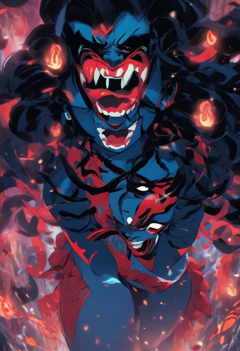 (((Kali))) best quality, ultra-high resolution, 4K detailed CG, master piece, KALI, Hindu goddess, Tongue out, tongue, big tongue, long tongue, blood, Hindu mythology, ((Licking blood)) , Hindu image, aesthetic, centered on screen