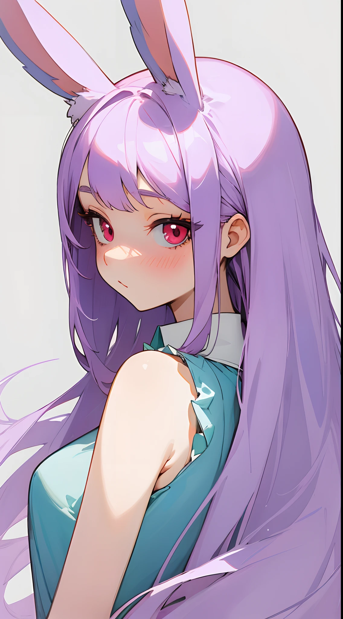 (masterpiece, best quality) detailed, 1Character , blue archive art style , pastel washed out colors , cell shade , soft, muted shades ,gentle colors ,
Close up head shot , facing forward, sleeveless shirt , mugler clothing , high fashion, Kawaii , pretty girl , ((has white bunny ears:1)), very pale skin, pink blush , extremely long hair , purple hair , short , long eyelashes, red eyes , age 22