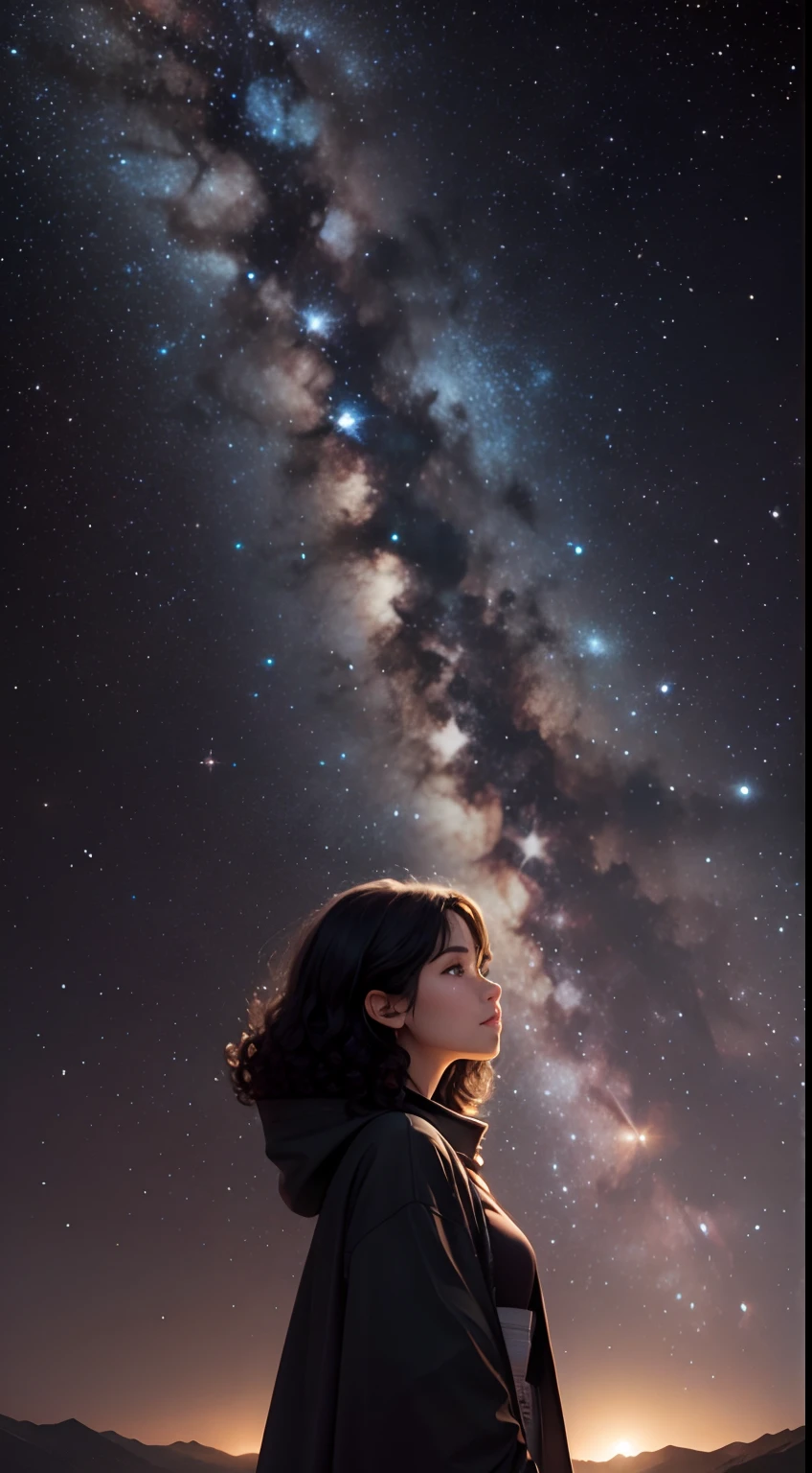 Small galaxies lined up next to each other, curly black haired woman looking at the stars