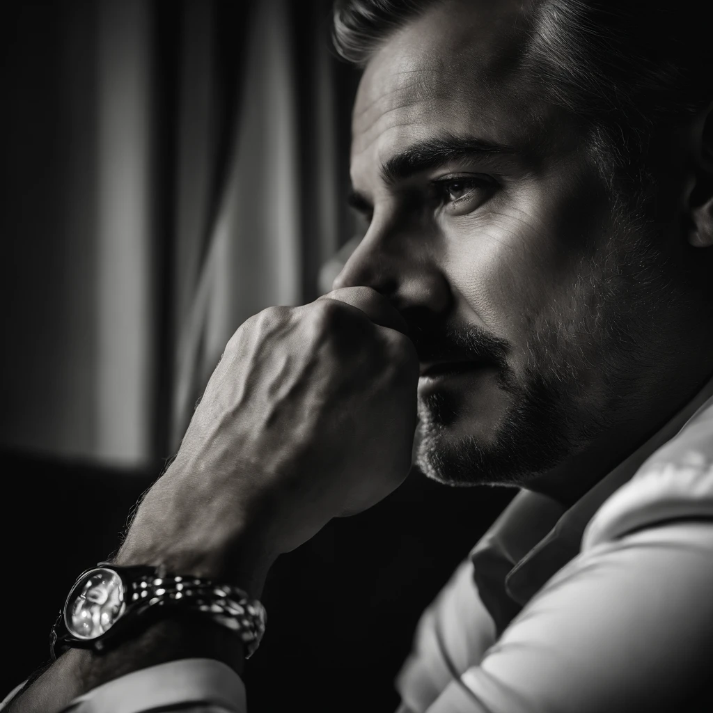 crie uma imagem de um Homem de terno sentado em uma poltrona,Your hands are making a gesture of power , realista