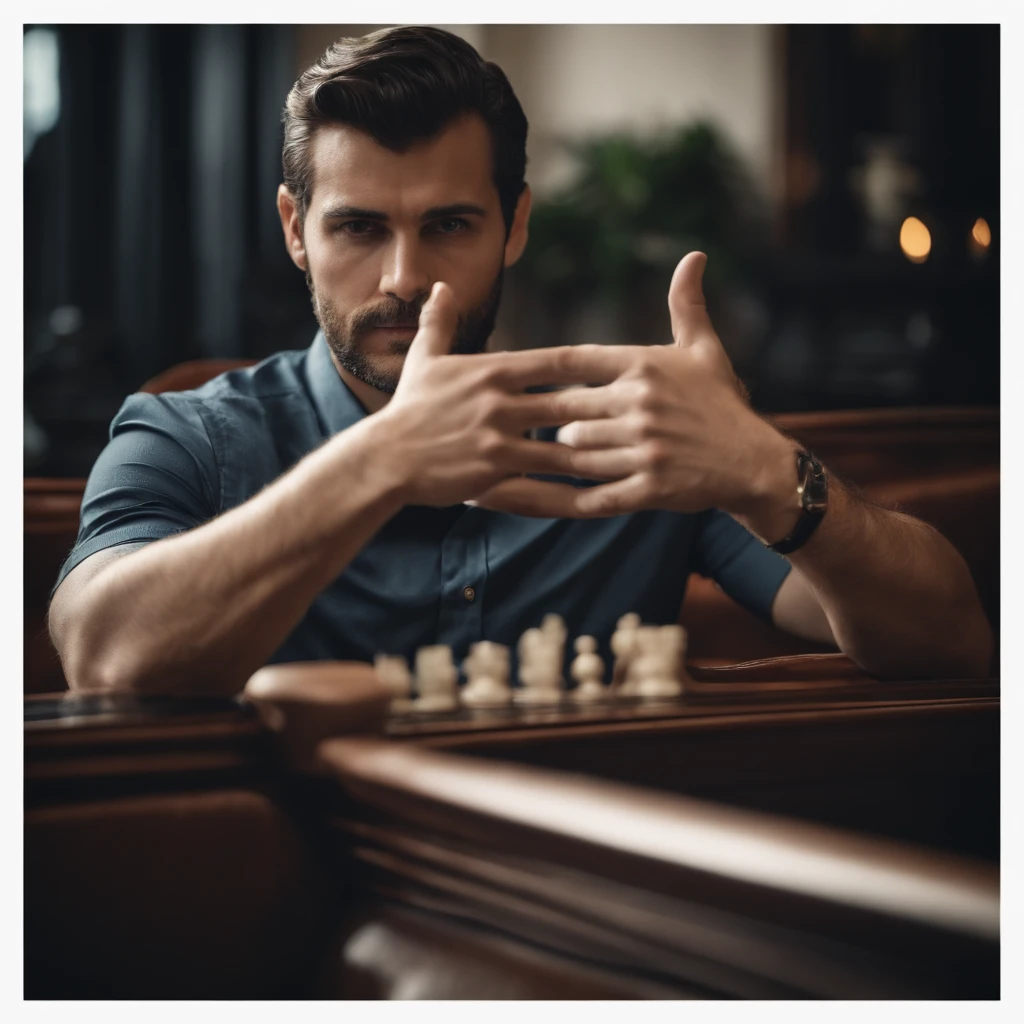 crie uma imagem de um Homem de terno sentado em uma poltrona,Your hands are making a gesture of power , realista