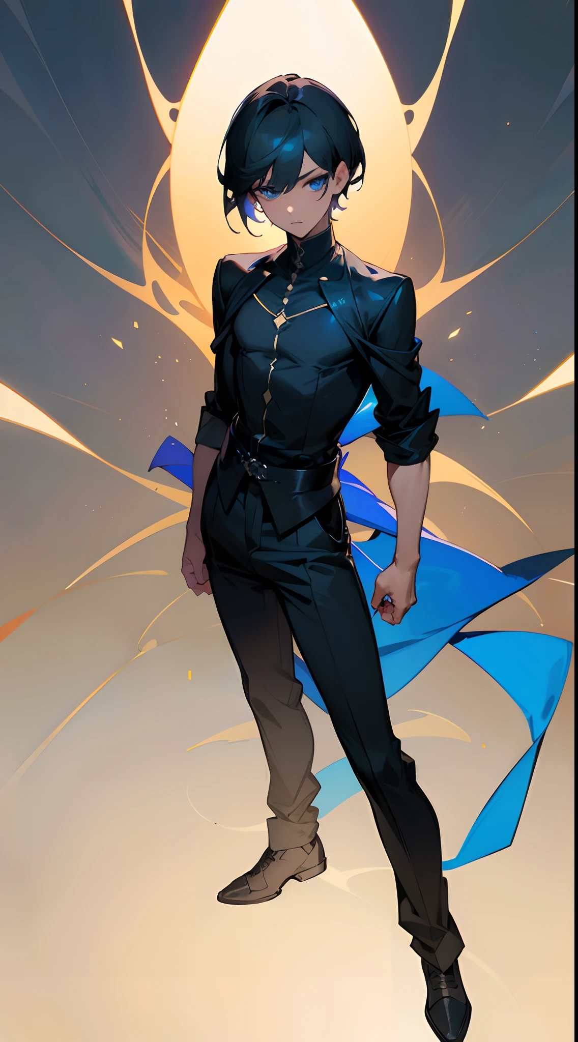 Black pantsuit, Black T-shirt with, melancholy lighting, A tranquil, peacful, luminance, tmasterpiece, best qualityer, (Ultra photo realsisim:1.3), (tmasterpiece:1.4), best qualtiy, ((realisticlying)), high high quality, ultra - detailed, ((Authentic images)), ((Realistic skin)), ((photorealiscic face)), (illustratio:1.05), (Handsome:1.05), (beatiful detailed eyes:1.05), (cinematric light:1.1), Blue in the detachment, perfect whole body,Black and blue clothes,White sneakers,(Handsome male),(perfect male figure), short detailed hair,Detailed face, Perfect face, (The stands up), Detailed background, ((Bonifasko lighting)), (Detailed eyes), perfect pupils,a dark tanned skin