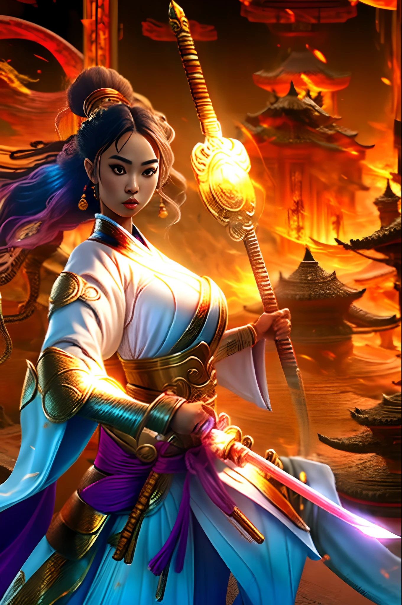 (Best Quality), Detailed background, Oriental Noblesse,warriorgirl,martial art,Holding Halberd,sila, Monster Army