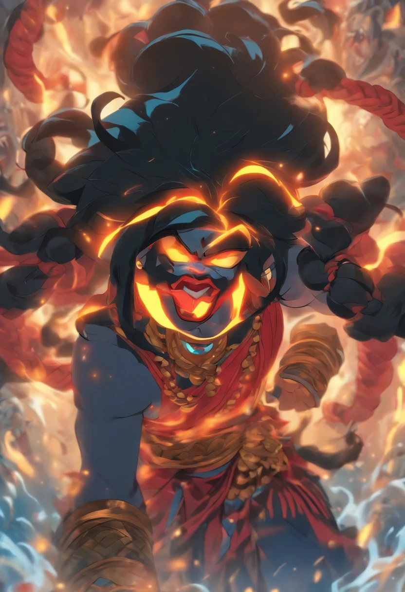 (((Kali))) best quality, ultra-high resolution, 4K detailed CG, master piece, KALI, Hindu goddess, Tongue out, tongue, big tongue, long tongue, Hindu mythology, Hindu image, aesthetic, centered on screen
