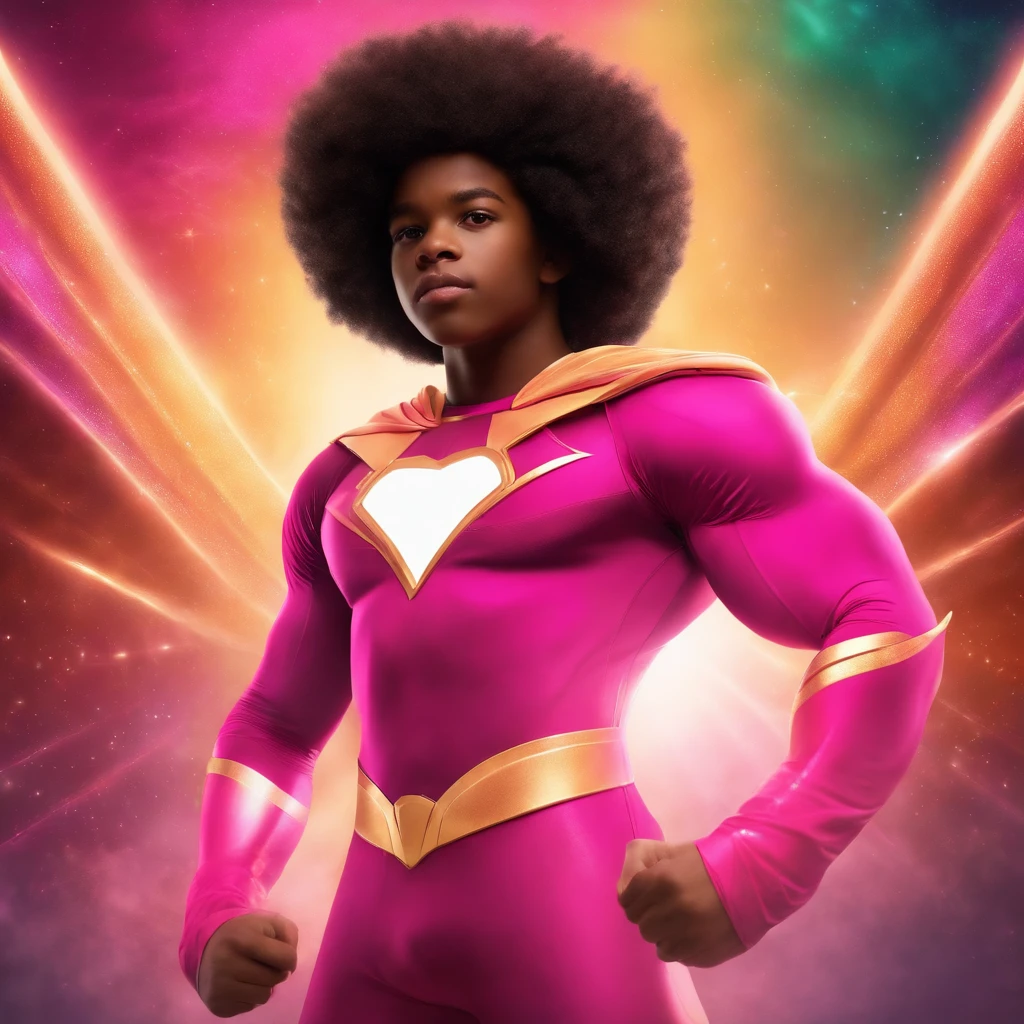 African-American  boy with curly afro hair using magical powers in pink superhero suit