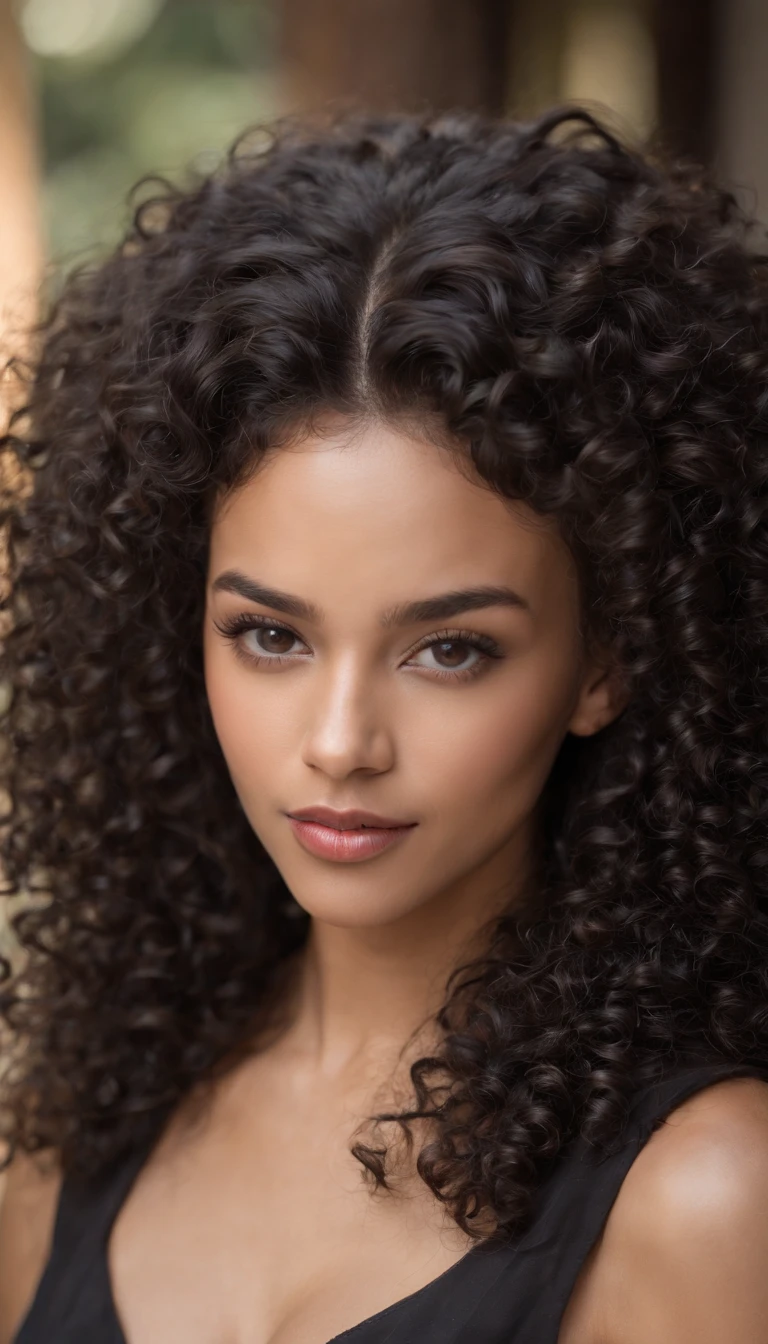 A beautiful and amazing black Brazilian woman,portrait of upper body,Free curls, Black curly hair, (dark shorter curly hair), Wild black long curly hair, multiversal hair, Brazilian, Short black curly hair, Curly black hair, Curls, wavy hair spread out, Baroque curls, curlies, curly, Fair curly hair, Hair texture, curly bang