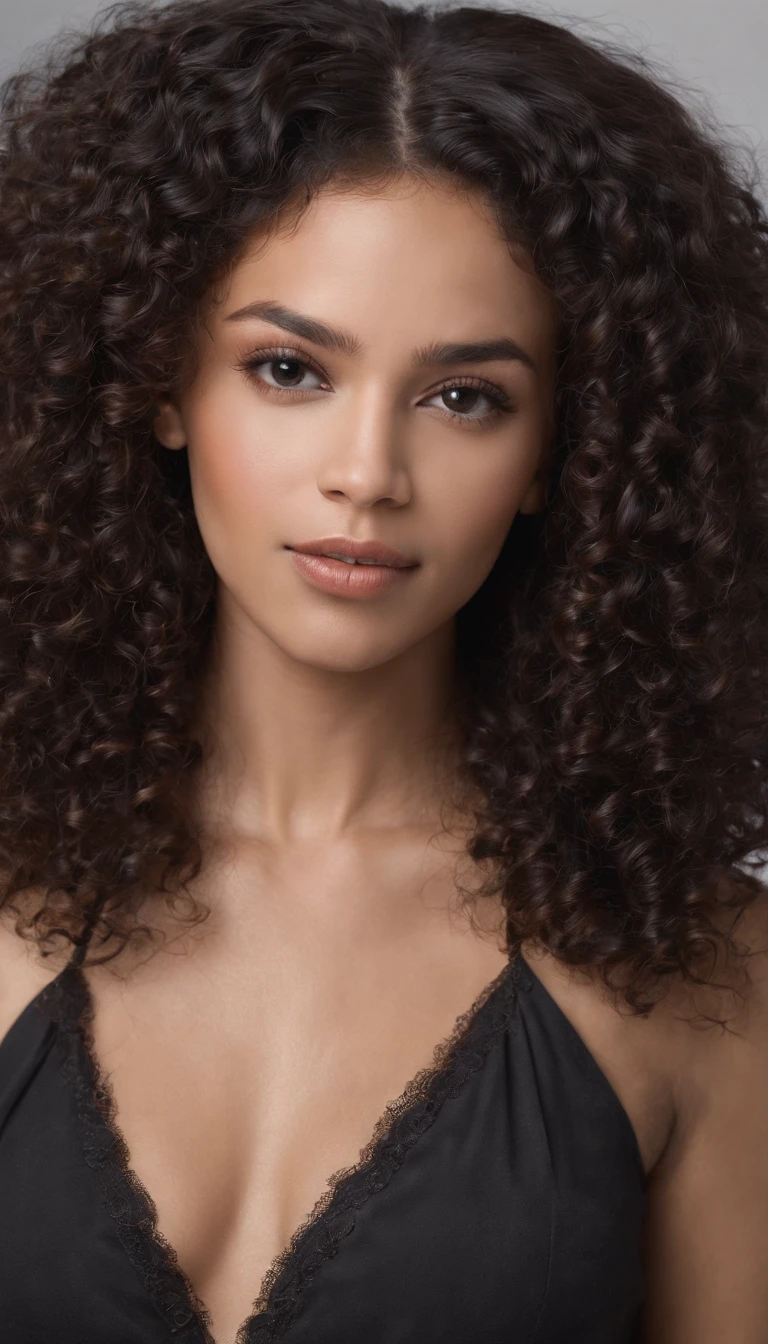 A beautiful and amazing black Brazilian woman,portrait of upper body,Free curls, Black curly hair, (dark shorter curly hair), Wild black long curly hair, multiversal hair, Brazilian, Short black curly hair, Curly black hair, Curls, wavy hair spread out, Baroque curls, curlies, curly, Fair curly hair, Hair texture, curly bang
