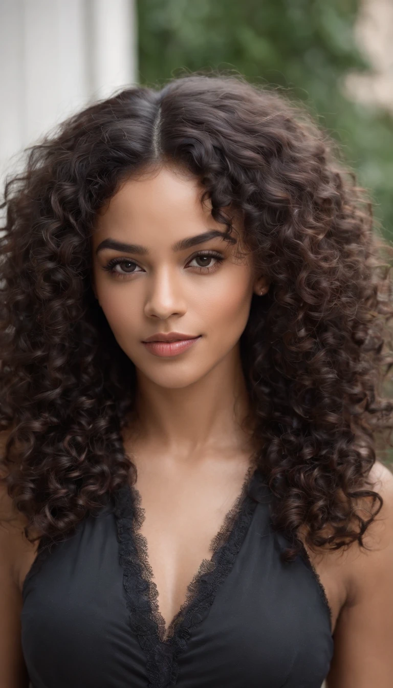 A beautiful and amazing black Brazilian woman,portrait of upper body,Free curls, Black curly hair, (dark shorter curly hair), Wild black long curly hair, multiversal hair, Brazilian, Short black curly hair, Curly black hair, Curls, wavy hair spread out, Baroque curls, curlies, curly, Fair curly hair, Hair texture, curly bang