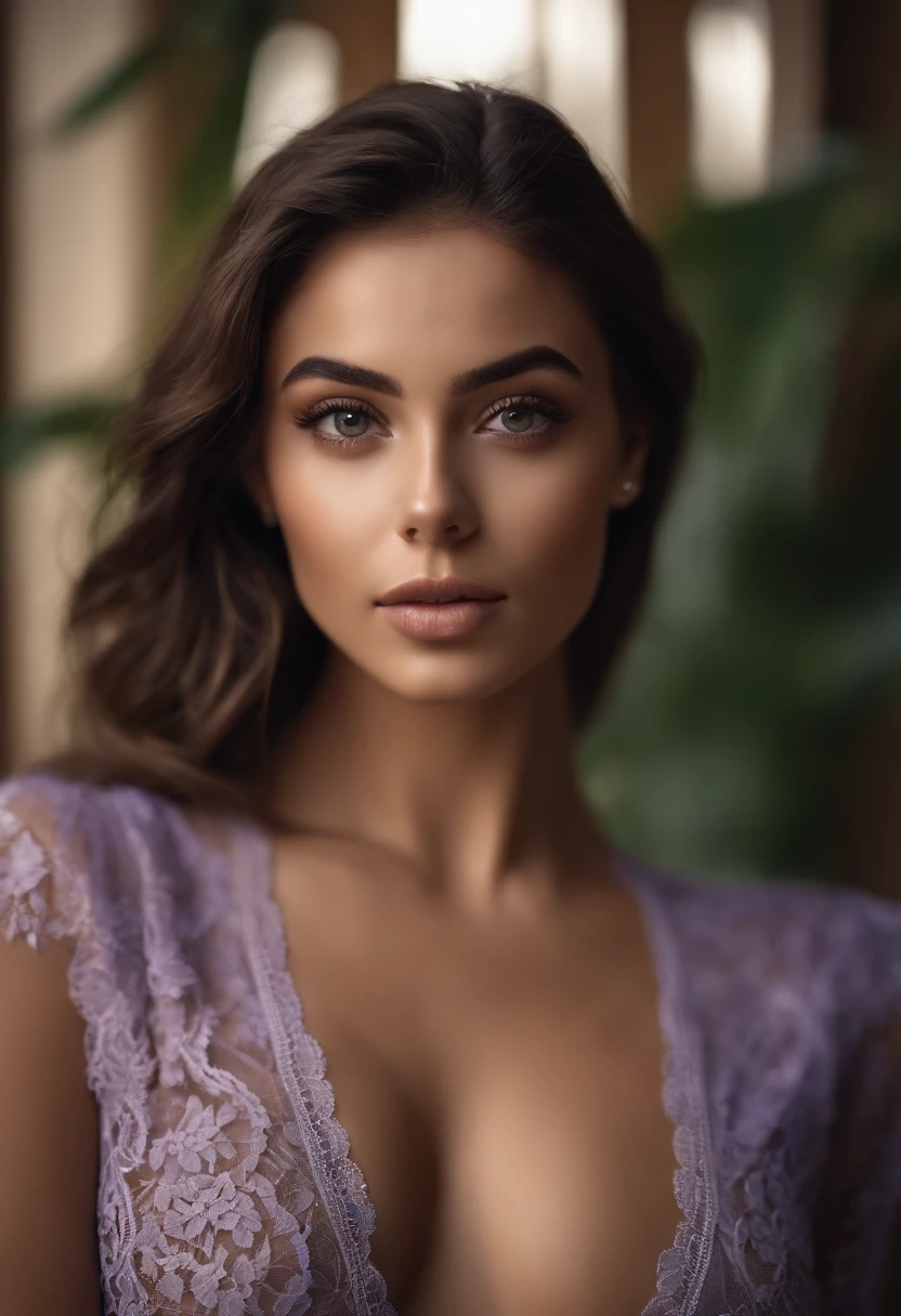 Arafed woman completely , hyspanic , light brown skin , fille sexy aux yeux bruns, ultra realist, Meticulously detailed, Portrait Sophie Mudd, cheveux bruns et grands yeux, selfie of a young woman, Dubai Eyes, Violet Myers, sans maquillage, maquillage naturel, looking straight at camera, Visage avec Artgram, Maquillage subtil, Superbe photo du corps entier, debout dans la chambre, Medium to large bust, See through lace underwear