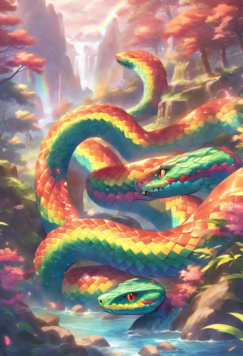 (((Rainbow Snake))) best quality, very high resolution, 4K detailed CG, master piece,Valleys,Mountains, Forest, River, stream, aesthetics, ((Rainbow Snake)), Beautiful image, centered on screen