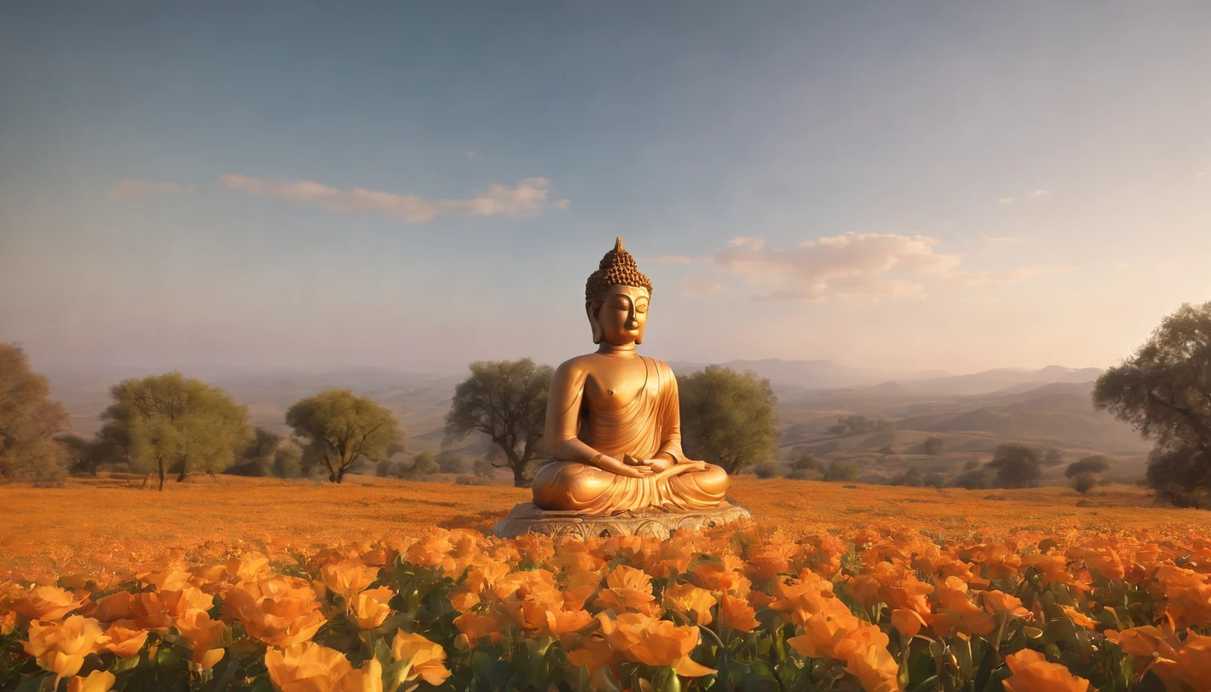 fotografia de paisagem expansiva, (a view from below showing the sky above and the open country below), Buddha and his disciples standing in a field of flowers looking up, (sol brilhante: 1.2), Lake at the foot of the distant mountain, BREAK tree production art, (fonte de luz quente: 1.2), (Firefly: 1.2), bulb, muito roxo e laranja, detalhes intrincados, volumeric lighting, realismo BREAK (obra-prima:  1.2) , (melhor qualidade), 4k, ultra-detalhado, (dynamic compositing: 1.4), detalhes coloridos altamente detalhados, (cores iridescentes: 1.2), (bright illumination, Atmospheric Illumination), sonhador, magica, (solo: 1.2)