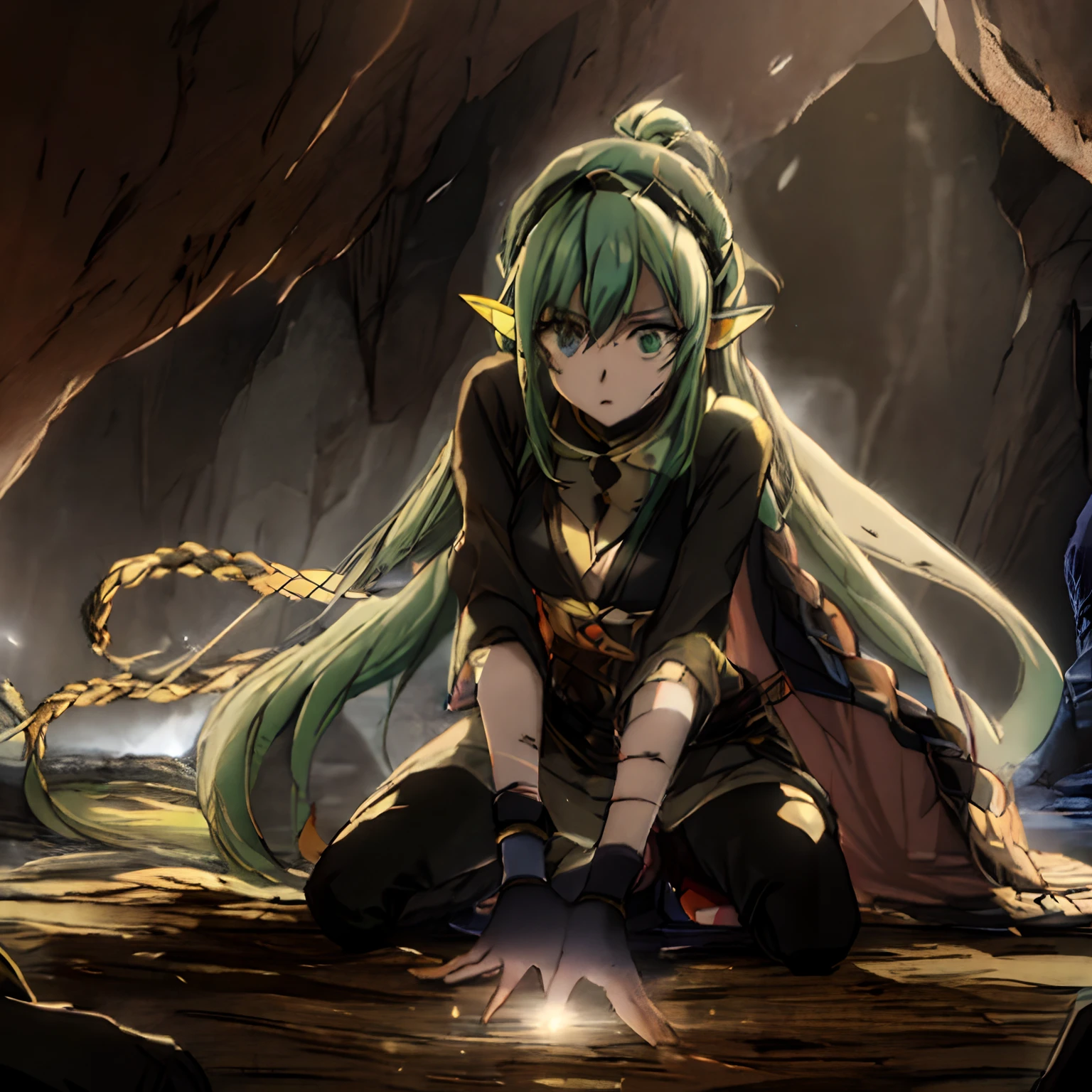 (anime style), male (laying) on the (ground) wounded, wearing white light armor, while a female is kneeling beside over him, on a dim lighted vast cave