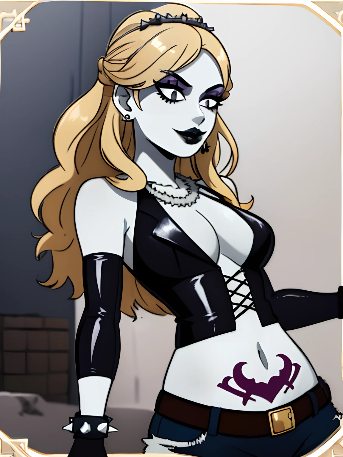 (masterpiece:1.1), (high resolusion:1.2), (illustration:1.05), (ultra detailed 8k art:1.05), perfect face, lustrous skin, himeno_ran, drill hair, blonde_hair, earrings, fingerlessgloves, long_hair, standing, (RockOfSuccubus), Midriff, belt, mini skiy, (tattoo:1.1), pubic tattoo,makeup, (colored skin:1.3), (lips), (black lips:1.3),(lipstick), (pale skin:1.5),cross-laced clothes,Punk Clothes (spiked bracelet), necklace,