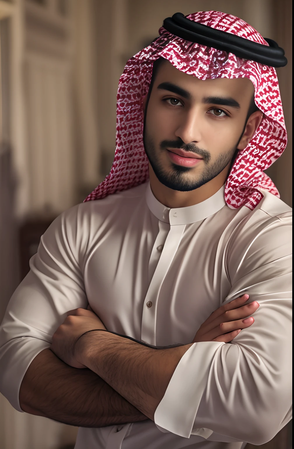 (Portrait of Saudi guy), muscles, dimples, steamy, thobe, thawb, alluring, gorgeous eyes, Wearing ghuṭrah, kaffiyeh