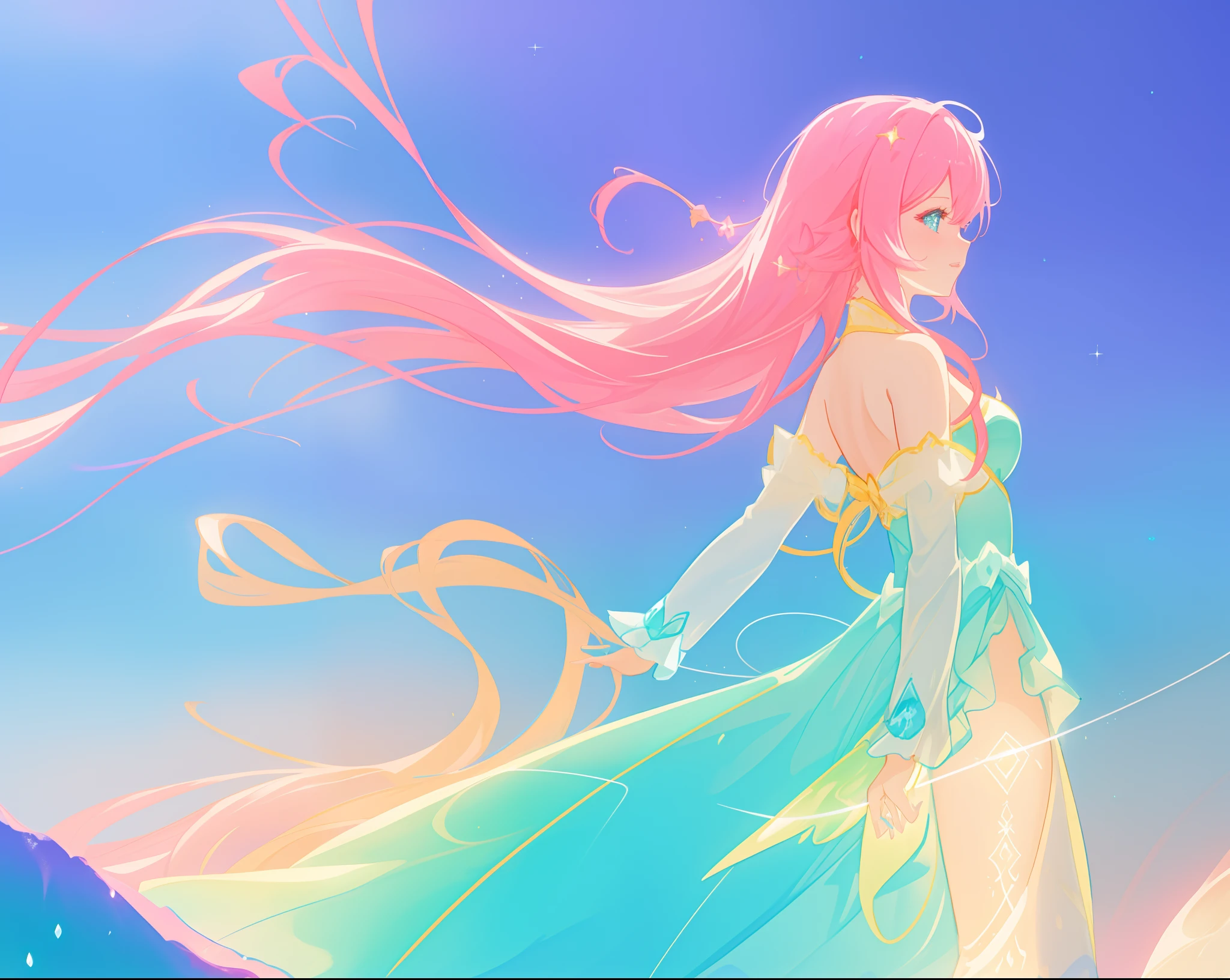 beautiful anime girl in colorful ballgown, vibrant pastel colors, (colorful), magical lights, sparkling liquid light, inspired by Glen Keane, inspired by Lois van Baarle, disney art style, by Lois van Baarle, glowing aura around her, by Glen Keane, jen bartel, glowing lights! digital painting, flowing glowing hair, glowing flowing hair, beautiful digital illustration, fantasia background, whimsical, magical, fantasy, beautiful face, ((masterpiece, best quality)), intricate details, highly detailed, sharp focus, 8k resolution, sparkling detailed eyes, liquid watercolor