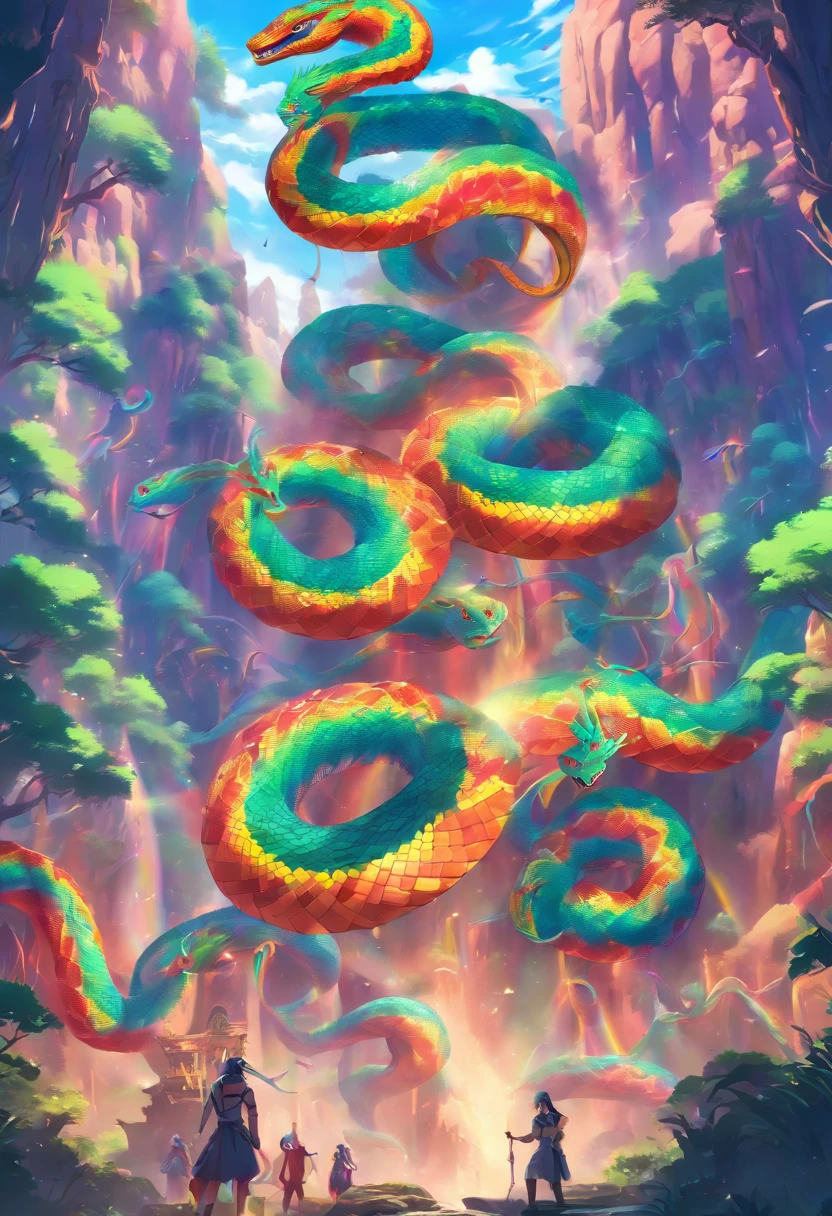 (((Rainbow Serpent))) best quality, very high resolution, 4K detailed CG, master piece,Valleys,Mountains, Forest,aesthetics, ((RainbowSerpent)), Beautiful image, centered on the screen