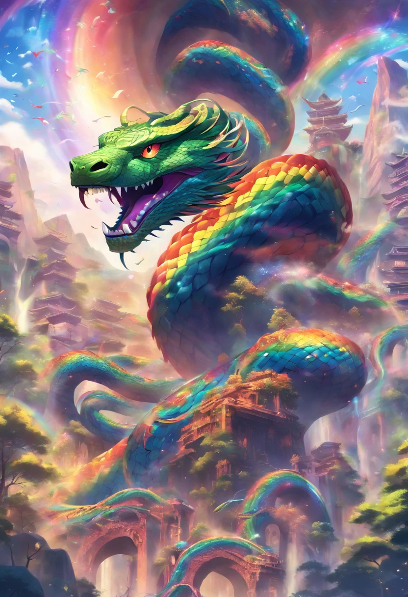 (((Rainbow Serpent))) best quality, very high resolution, 4K detailed CG, master piece,Valleys,Mountains, Forest,aesthetics, ((RainbowSerpent)), Beautiful image, centered on the screen