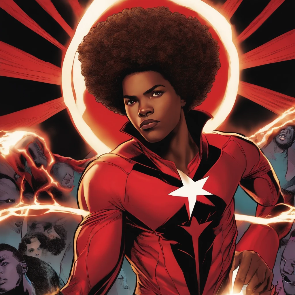 African-American boy with curly afro hair using red powers in superhero suit similar to the scarlet witch