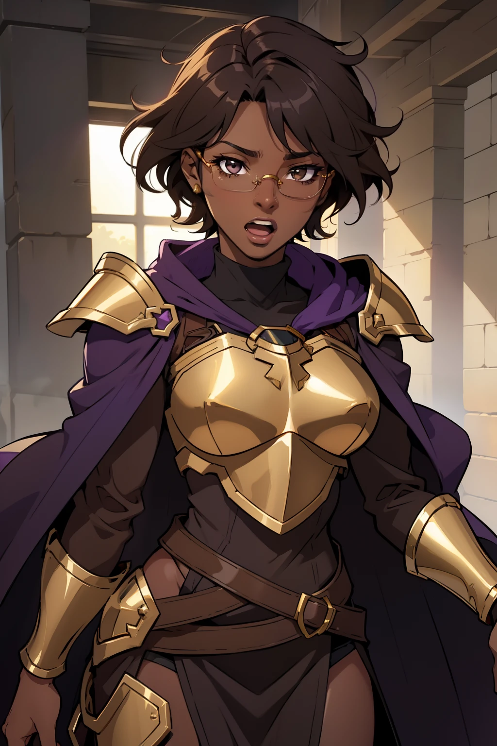 Solo, female, dark skin, very dark brown hair, messy hair, short hair, hazel eyes, open mouth, glasses, purple tunic, black cloak, gold accents, gold armor, gold chestpiece