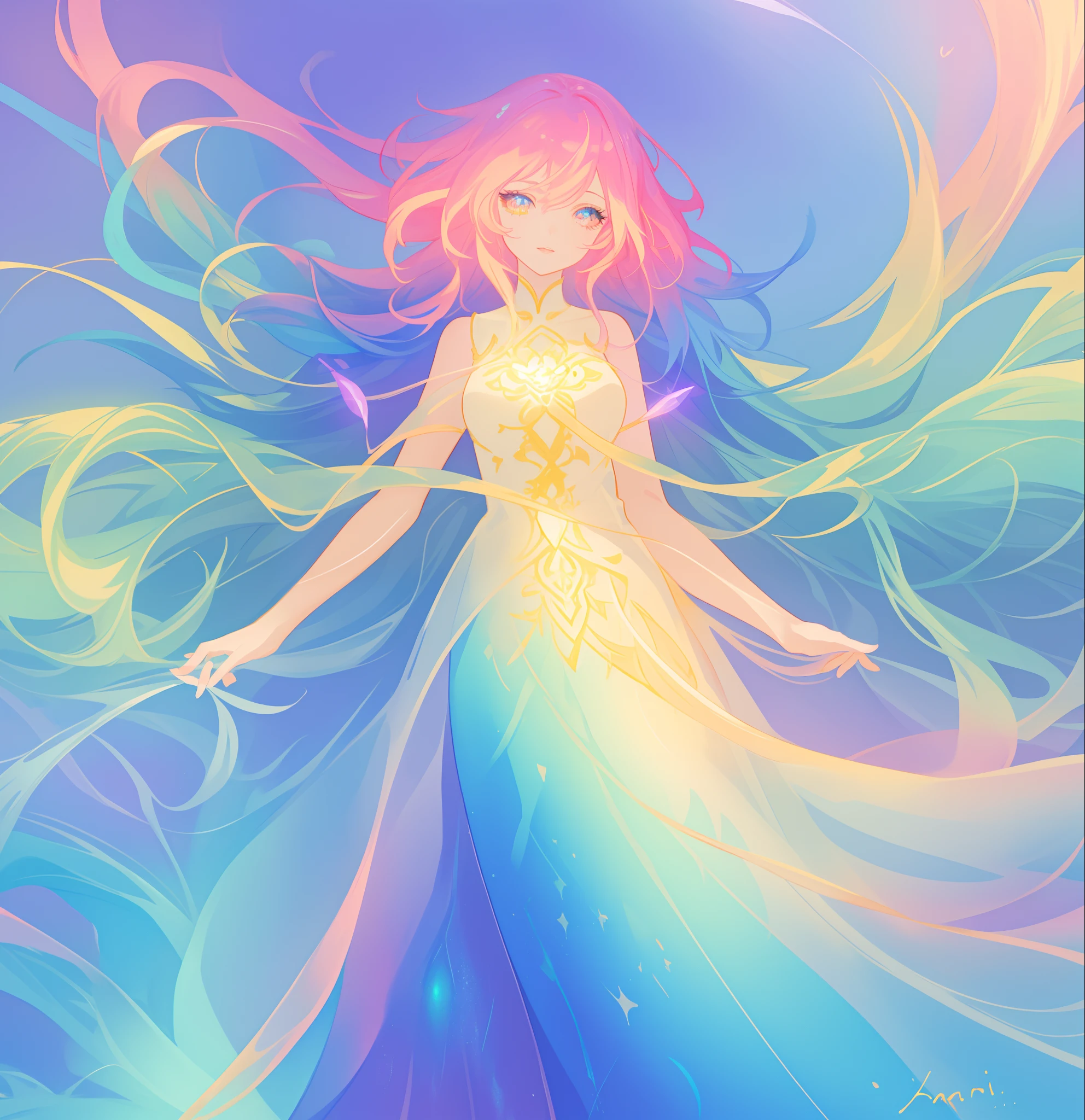 beautiful anime girl in colorful liquid dress, vibrant pastel colors, (colorful), magical lights, colorful long hair made of liquid light, sparkling lines of light, inspired by Glen Keane, inspired by Lois van Baarle, disney art style, by Lois van Baarle, glowing aura around her, by Glen Keane, jen bartel, glowing lights! digital painting, flowing glowing hair, glowing flowing hair, beautiful digital illustration, fantasia background, whimsical, magical, fantasy, beautiful face, ((masterpiece, best quality)), intricate details, highly detailed, sharp focus, 8k resolution, sparkling detailed eyes, liquid watercolor
