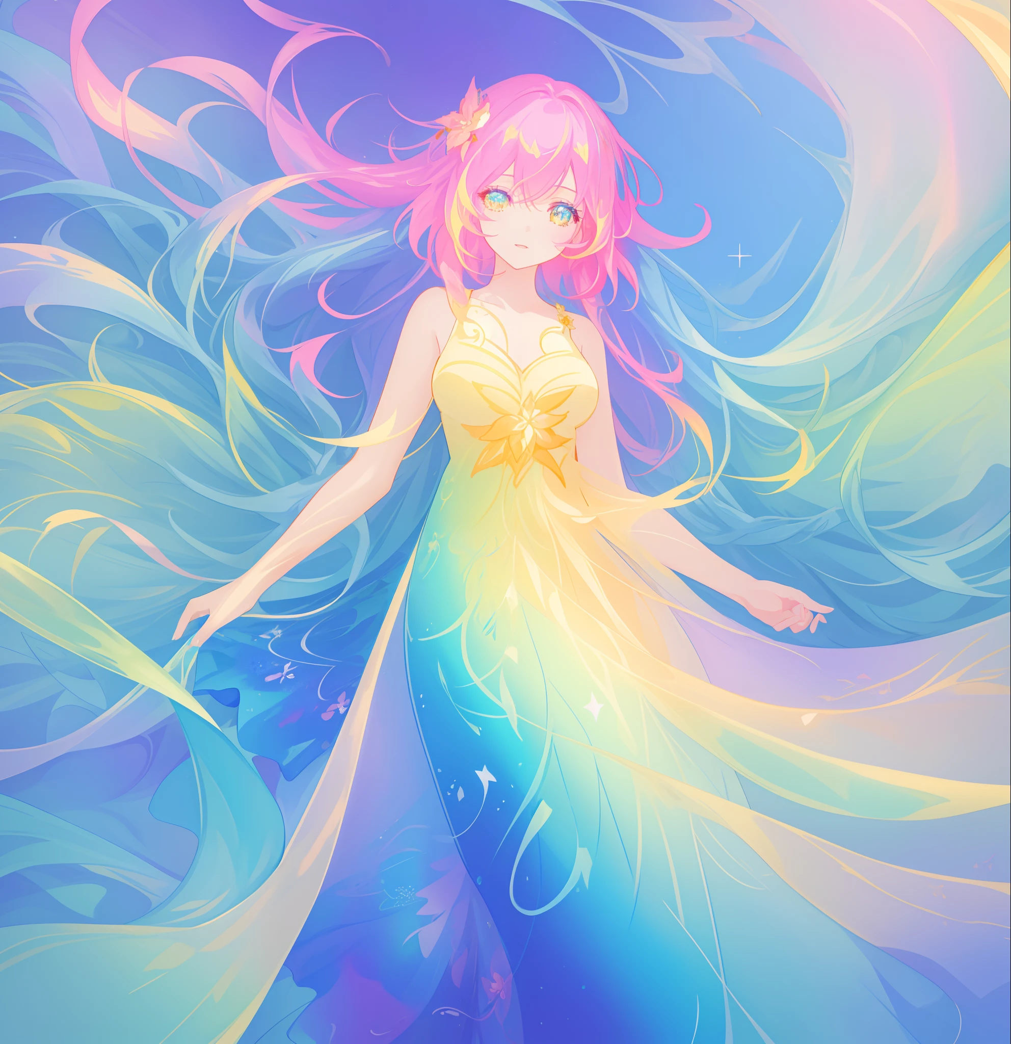 beautiful anime girl in colorful liquid dress, vibrant pastel colors, (colorful), magical lights, colorful long hair made of liquid light, sparkling lines of light, inspired by Glen Keane, inspired by Lois van Baarle, disney art style, by Lois van Baarle, glowing aura around her, by Glen Keane, jen bartel, glowing lights! digital painting, flowing glowing hair, glowing flowing hair, beautiful digital illustration, fantasia background, whimsical, magical, fantasy, beautiful face, ((masterpiece, best quality)), intricate details, highly detailed, sharp focus, 8k resolution, sparkling detailed eyes, liquid watercolor