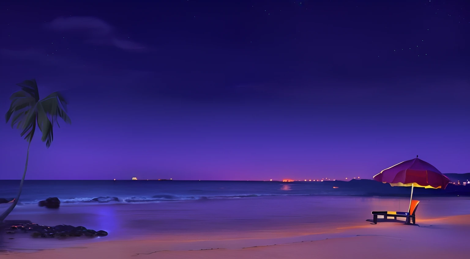 There is a beach scene，There is a table and chairs under the umbrella, background artwork, arte de fundo, night sea, Beach background, Night background, Mobile game background, beach sunset background, sitting on the beach at night, calm evening. Digital illustration, Gorgeous background, random background scene, seaside backgroud, nightime village background, Island background, dreamy night