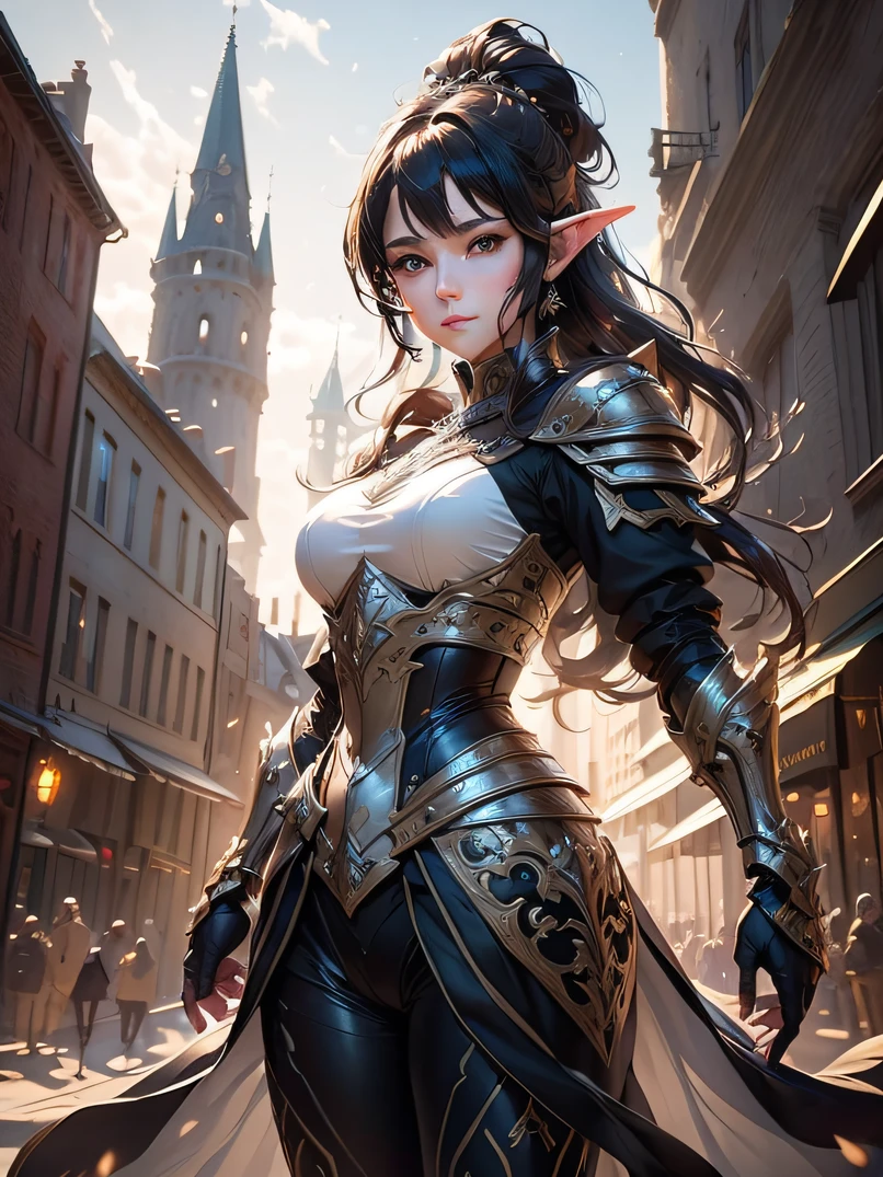 top-quality、ultra-detailliert、Very delicate、lighting like a movie、Unique lighting effects、4/5 shots、Focus from the waist up、Full body portrait of beautiful 40 year old female elf、Environments with complex details、Elegant person、Graceful aura、Elaborate patterns that blend fantasy and modernity、Black cloak of flowing fabric、Richly textured black leather armor and leggings、Delicately carved black plate armor、Bustling medieval cityscape and castle in the background、Mystical atmosphere filled with magical elements、Detailed background depiction、Deep sense of depth、A dark-haired、tall、a small face、well-proportioned figure、Hairstyle Ponytail、Seductive blue eyes、Sharp eyes、hyperdetailed face、A detailed eye、Detailed hand depiction、Detailed foot depiction、Dynamic action、Look at viewers